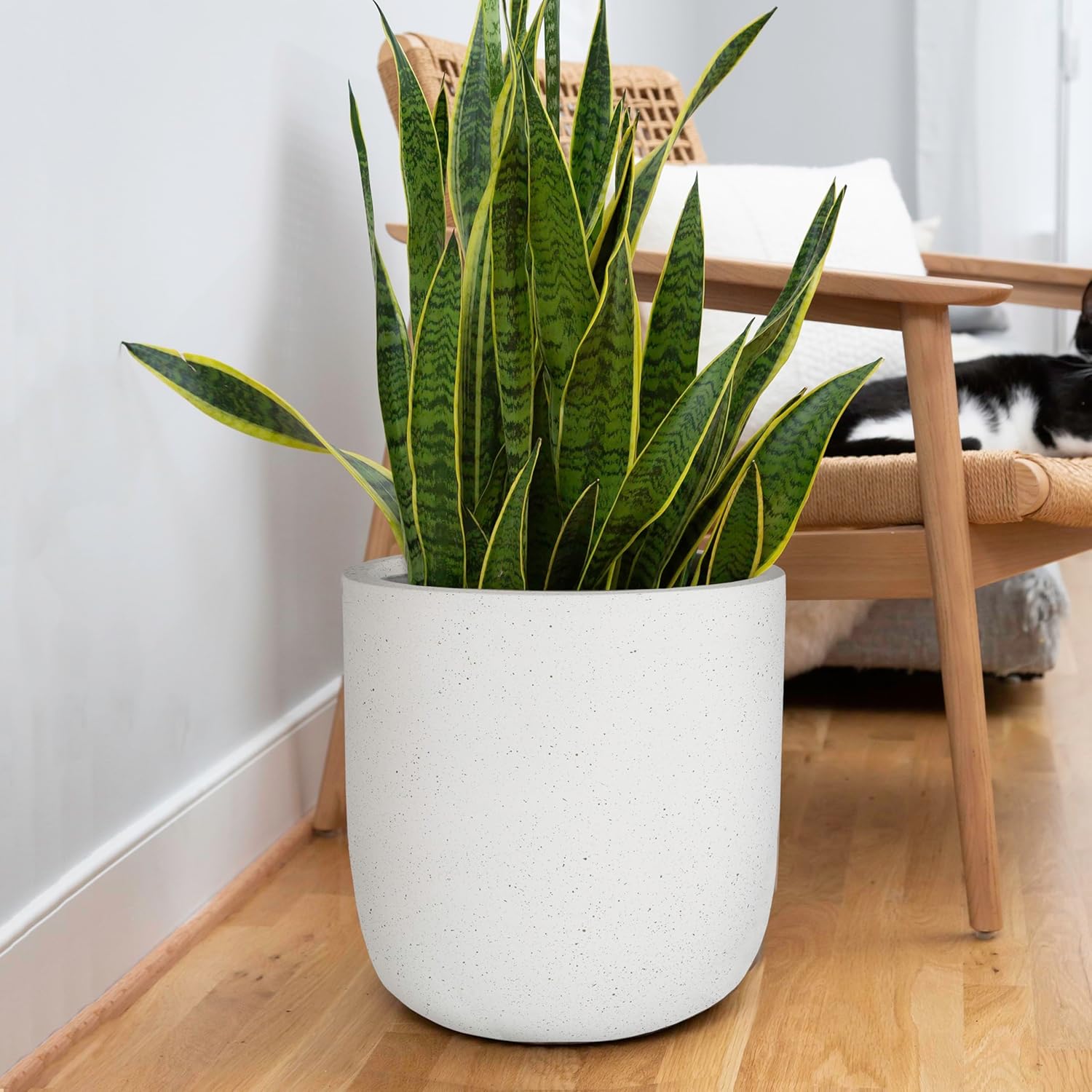 Ilyapa 14x14 inch Modern Concrete Outdoor Planter, Large Indoor Plant Pot with Drainage - Cement Vase 14 Inch Pots for Plants, Indoor/Outdoor 14x14 inch Smooth