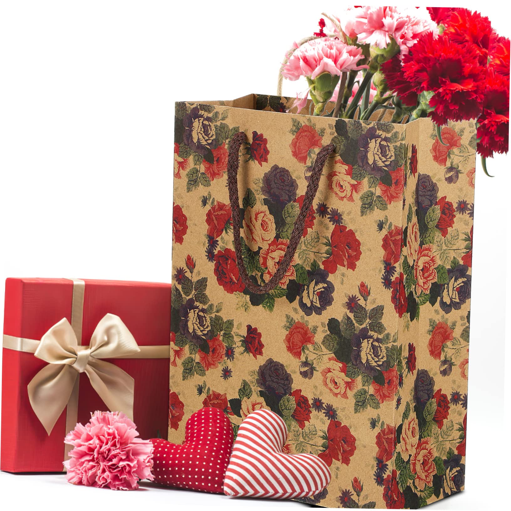 COLLBATH Geschenktüte Groß 40x30 Papiertüten mit Rosenmuster 12 Stück Kraftpapier Tragegriffe Stabilem Boden für Geburtstage und Einkaufen