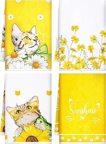 Bencailor 4 toallas de cocina para gatos, diseño floral amarillo, lindo gatito, toallas de secado rápido, paño decorativo de té para inauguración de