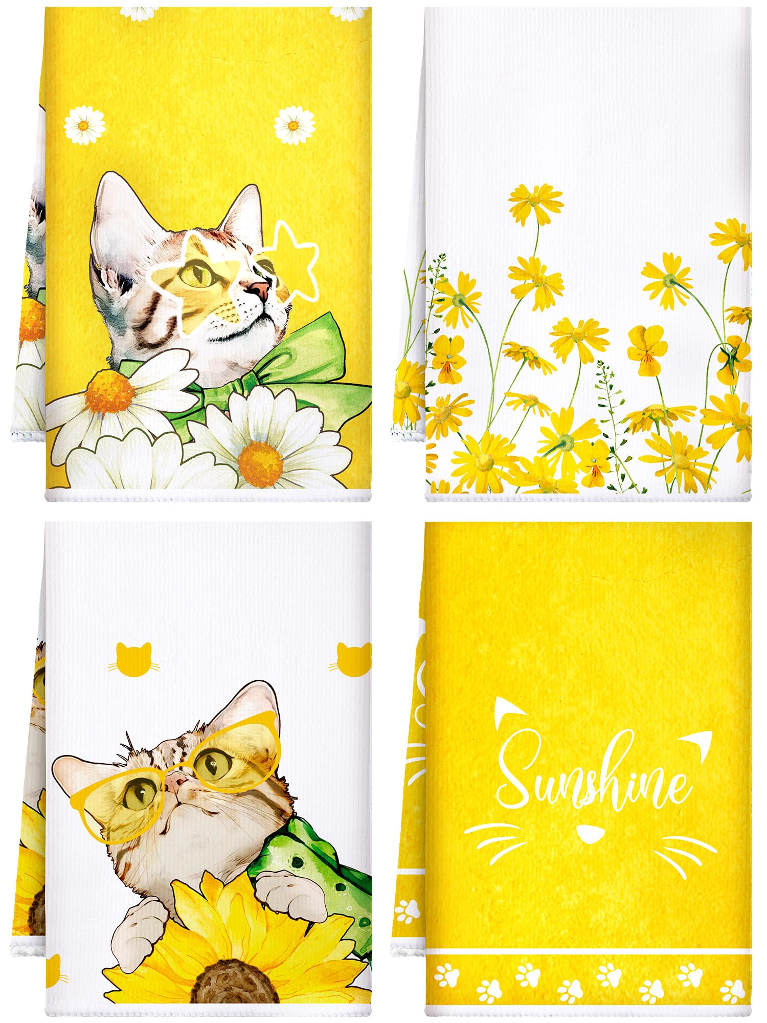 Toallas de cocina de secado rápido Bencailor con diseño brillante de girasol y gatos de 16x24