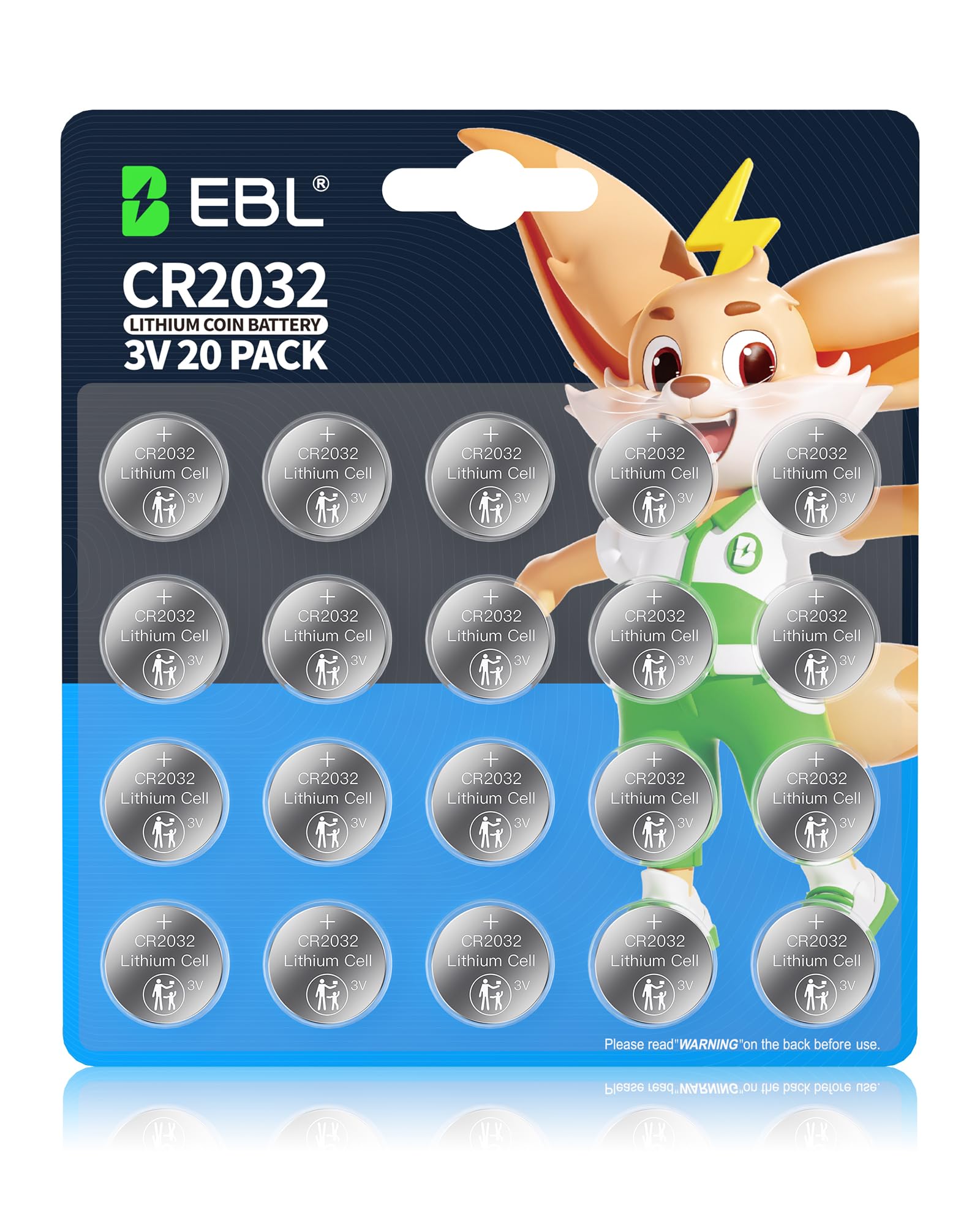 EBL CR2032 Batteries 3V Coin Battery 20 Pack, 2032 Battery Long-Lasting Power, Child-Proof Package