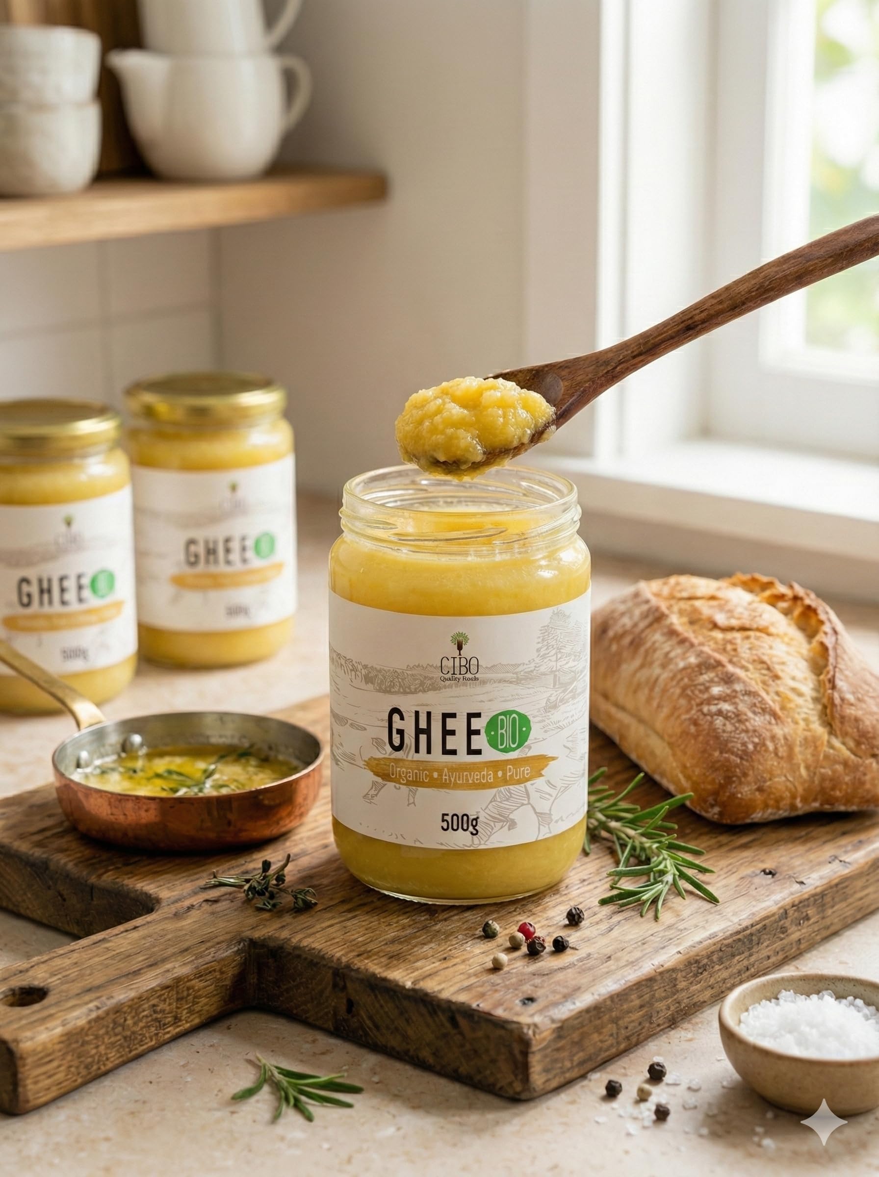 Cibo Bio Ghee Butter 6x500g Packung - Milch aus Parma und Reggio Emilia - Hergestellt in Italien - Weidekühe - Rauchpunkt 250°C - Aus zentrifugierter Sahne