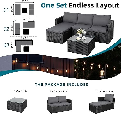 Miniatura 4 de SUNLEI Sofá seccional de patio de 3 piezas, juego de muebles de patio con cojines suaves desmontables, juego de sofá de conversación de ratán de