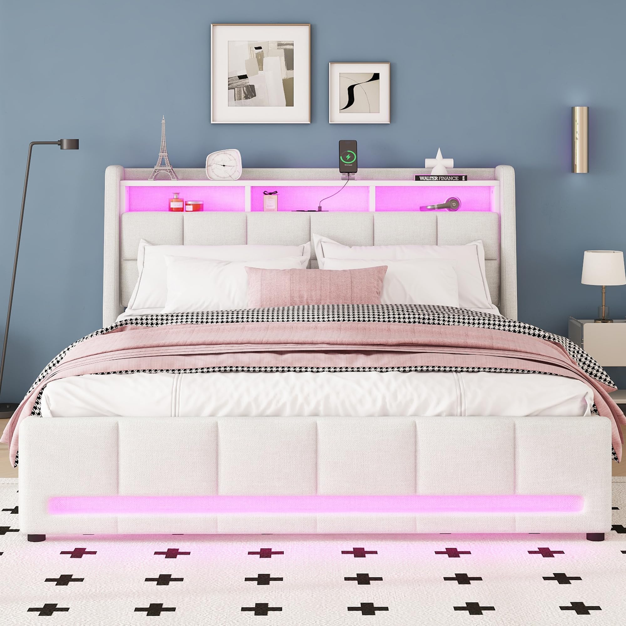 Aoskem Polsterbett Doppelbett 140x200 cm, LED-Bett mit 2 Schubladen, Kopfteil mit Stauraum & USB-Buchse, Stauraumbett Bettgestell mit Lattenrost, Funktionsbett Flachbett, Ohne Matratze, Leinen Beige