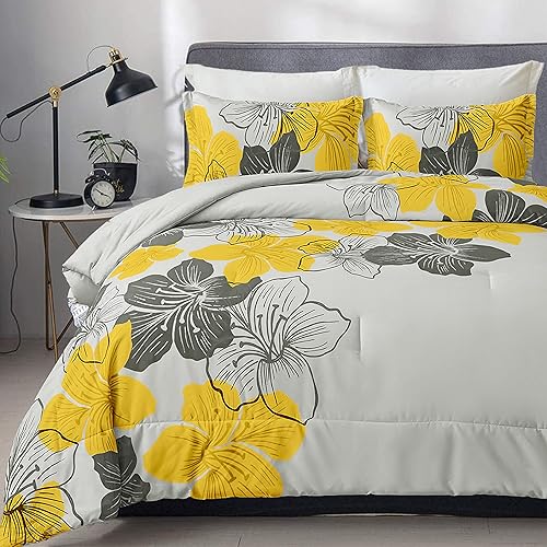 Miniatura 7 de Juego de edredón tamaño California King, estampado floral amarillo en gris, juego de ropa de cama de microfibra suave bohemio para todas las