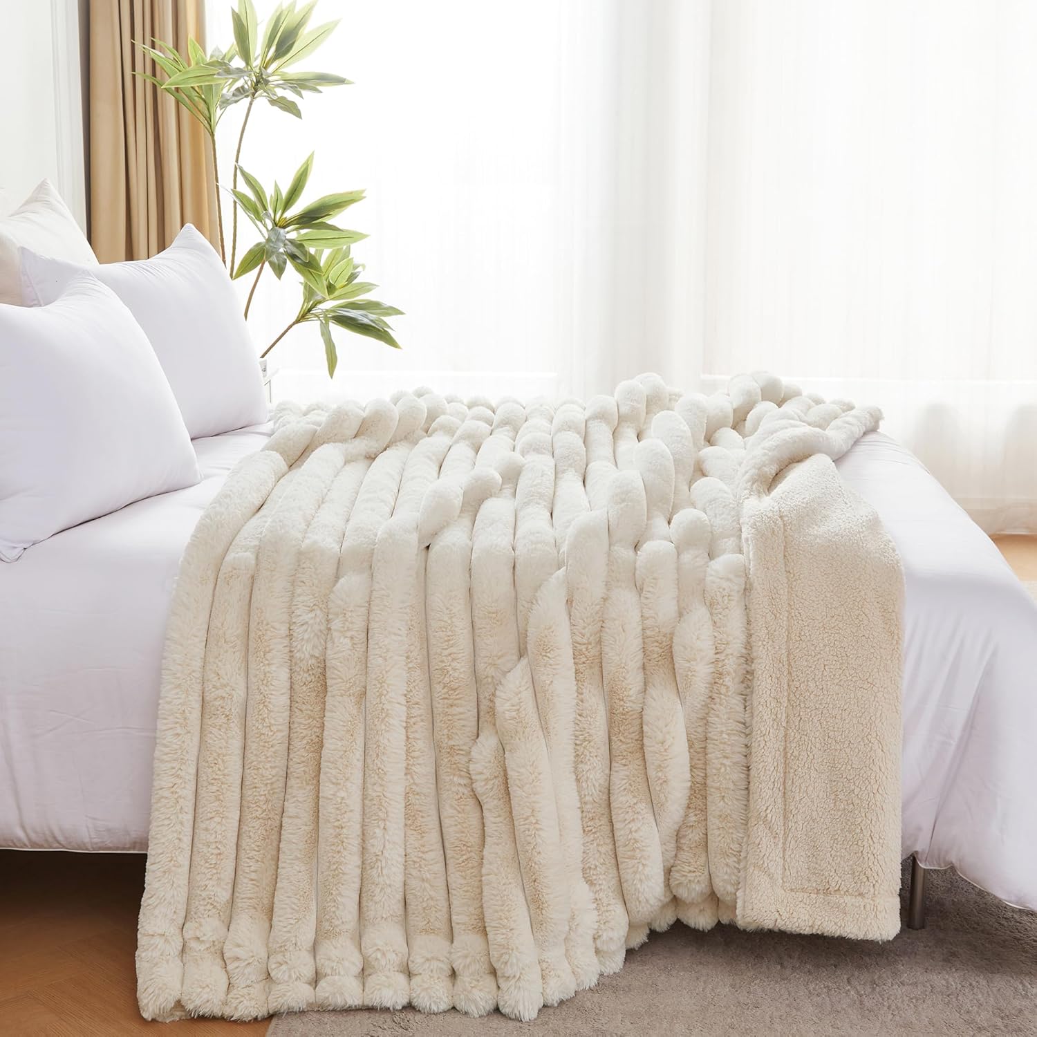 50x60 Inches Ultra-Soft Fuzzy Faux Fur Throw Blanket, Plush Striped Blanket - Thick, Warm Sherpa for Couch, Sofa, Bedroom, Camping - Decorative Blanket for Cozy Warmth, Beige - Image 4