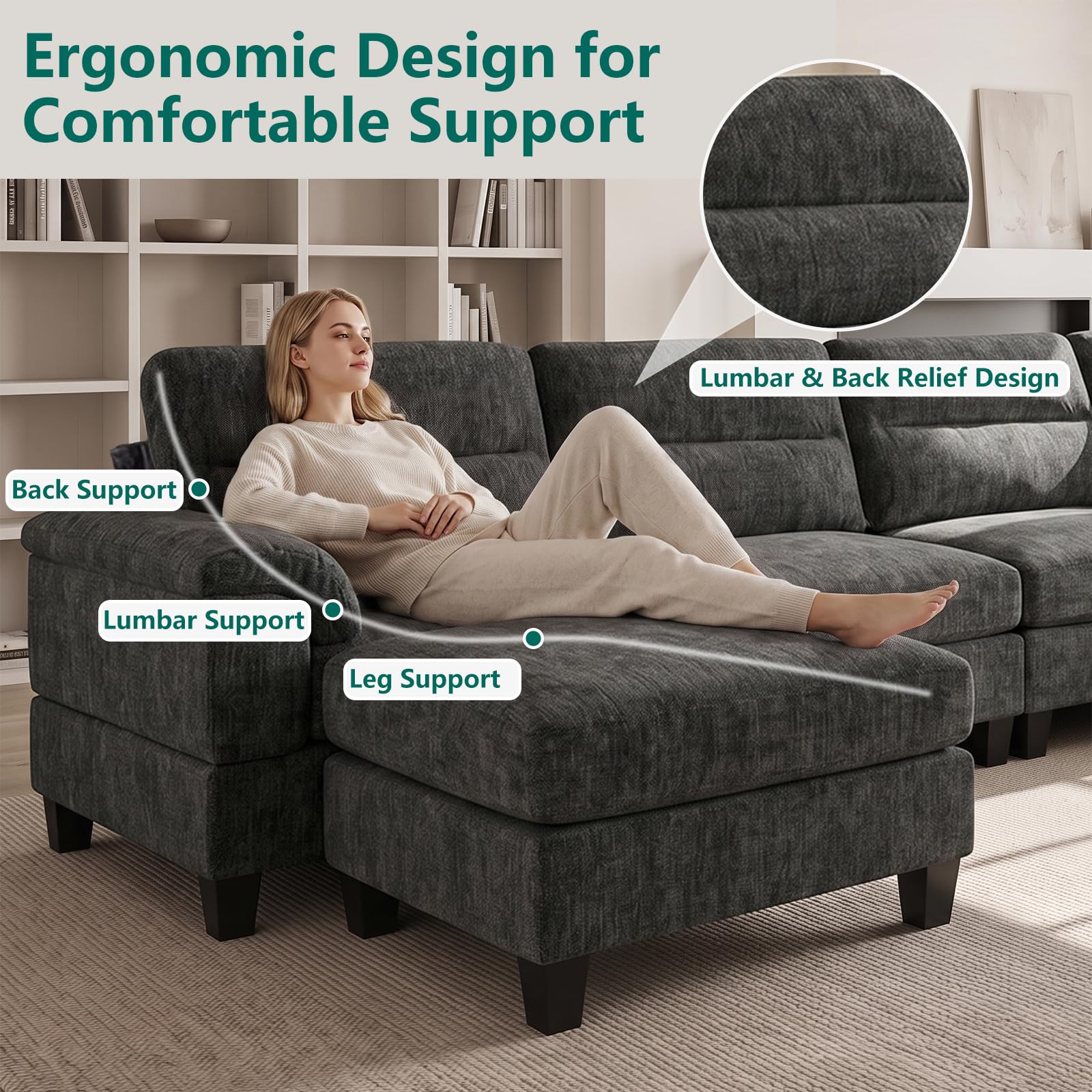 100.4" L-Shaped Modular Cloud Couch, Sectional Couches for Living Room | Cloud Comfort, Cozy Armrest Pillows, Elegant Chenille, Freely Modular, Quick Assembly, Dark Gray