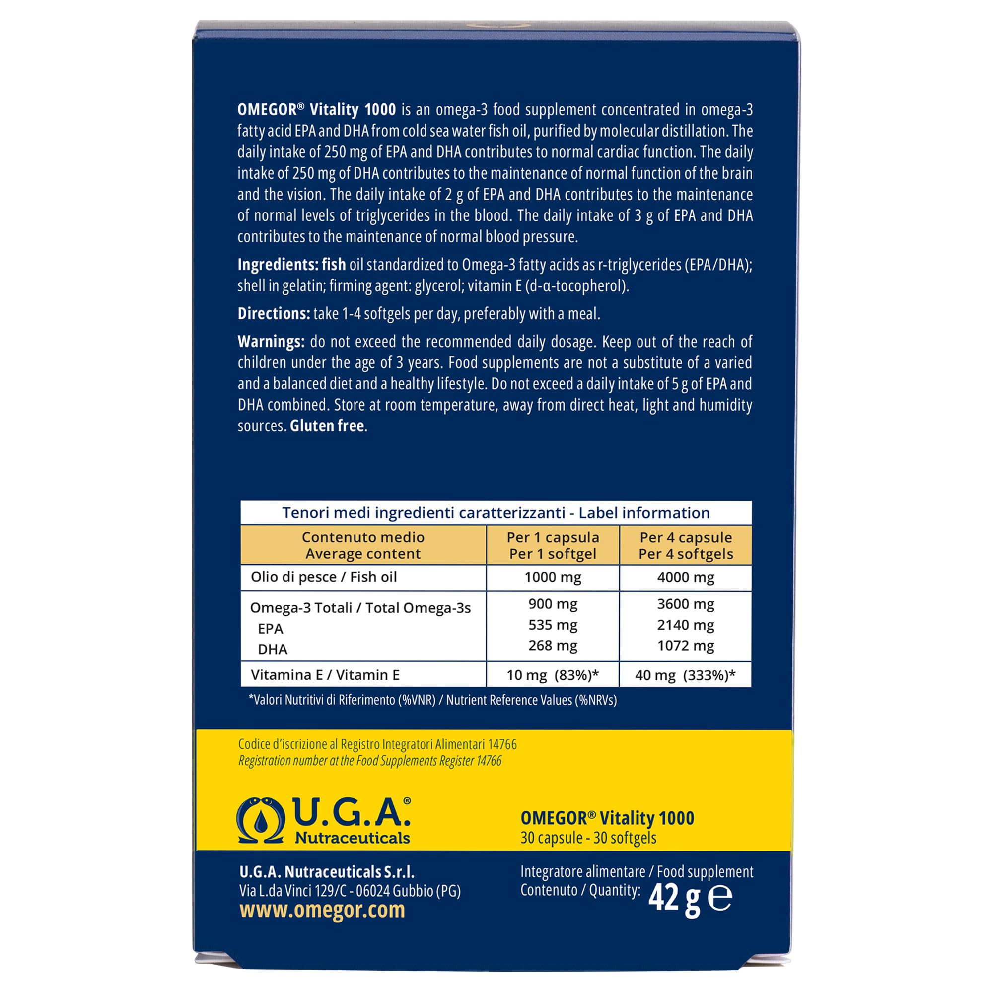 Omega3 2000 mg ad Alto Dosaggio per 2 Capsule - Omega 3 IFOS 5 Stelle - OMEGOR Vitality 1000 - Fornitura per 5 mesi - 30cps (10 Confezioni)