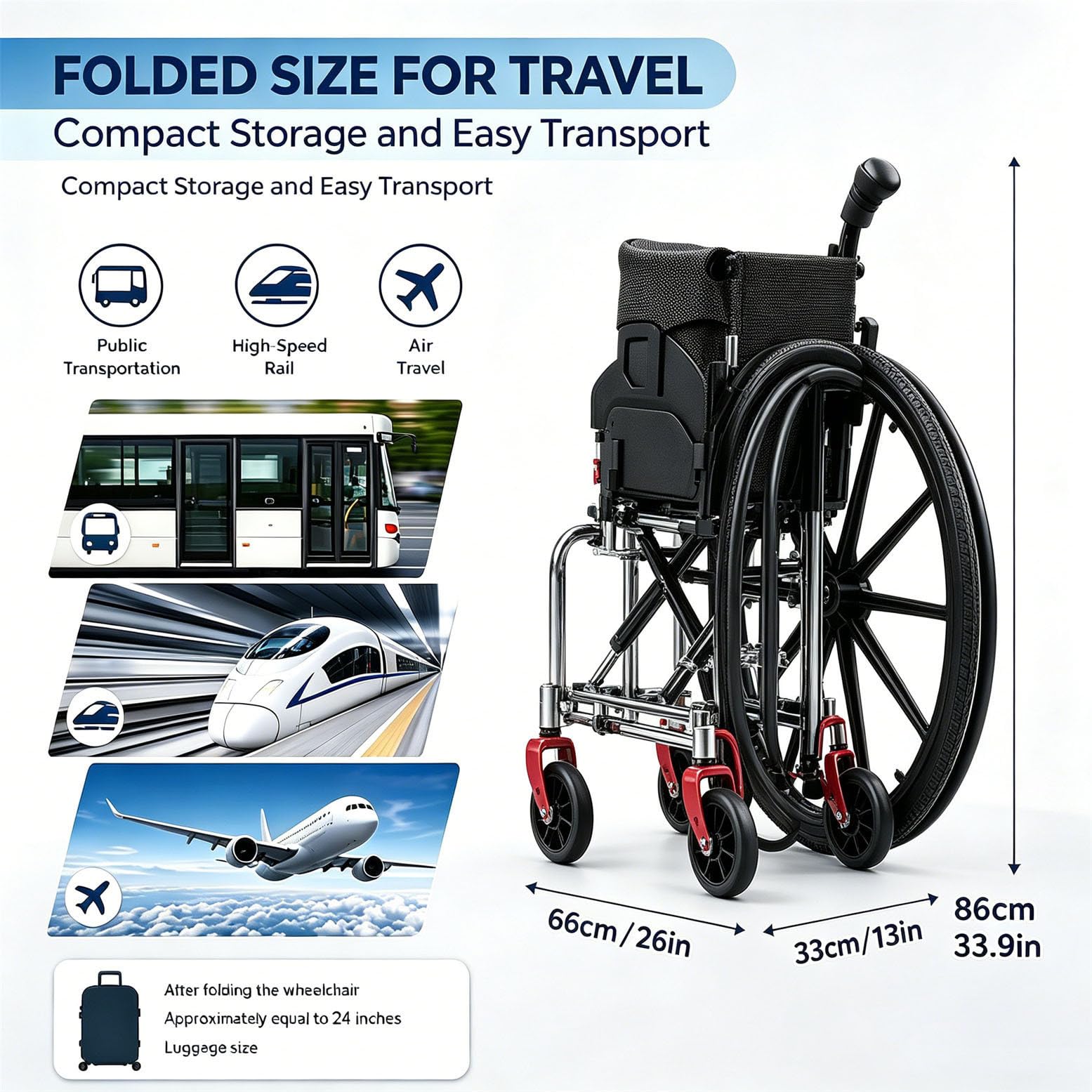Silla de Ruedas Deportiva Plegable Ultraligera Black-W38cm | Solo pesa 10 kg (22 lb), se pliega de forma compacta, soporta hasta 100 kg para su transporte, silla manual para adultos