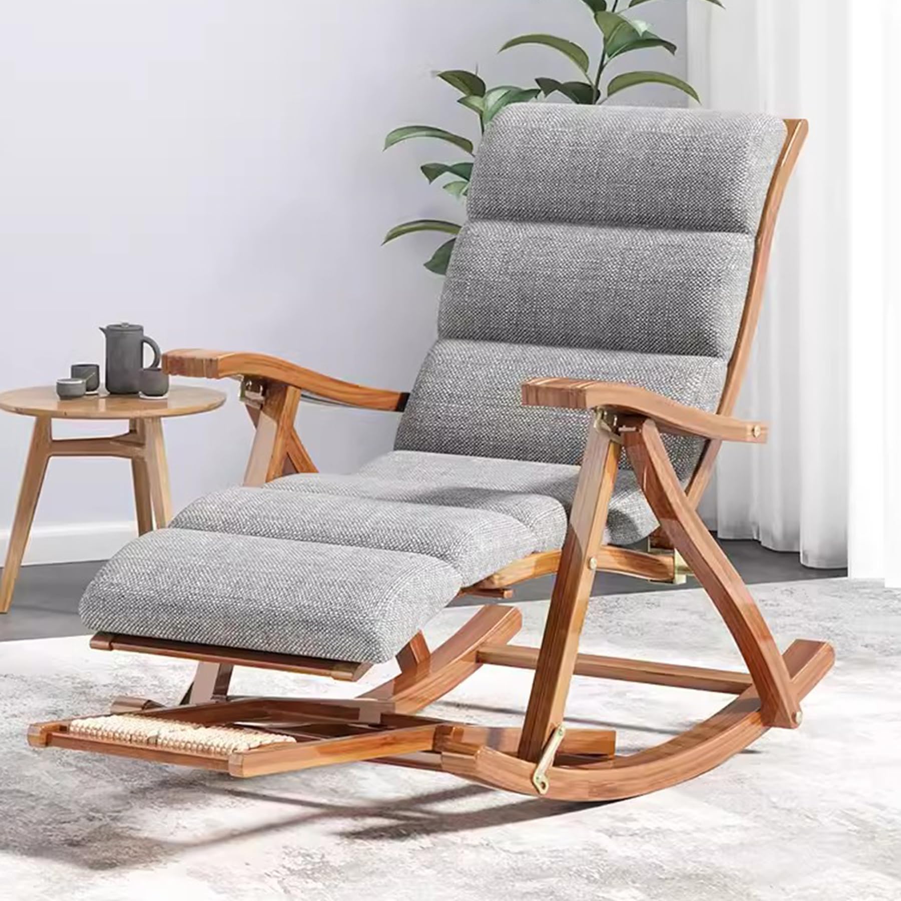 Tumbona de Madera Mecedora, Tumbona de Jardín Silla Reclinable Ajustable de 5 Posiciones con Reposapiés Extraíble, Sillón de Ocio al Aire Libre para Balcón Terraza, con Cojín