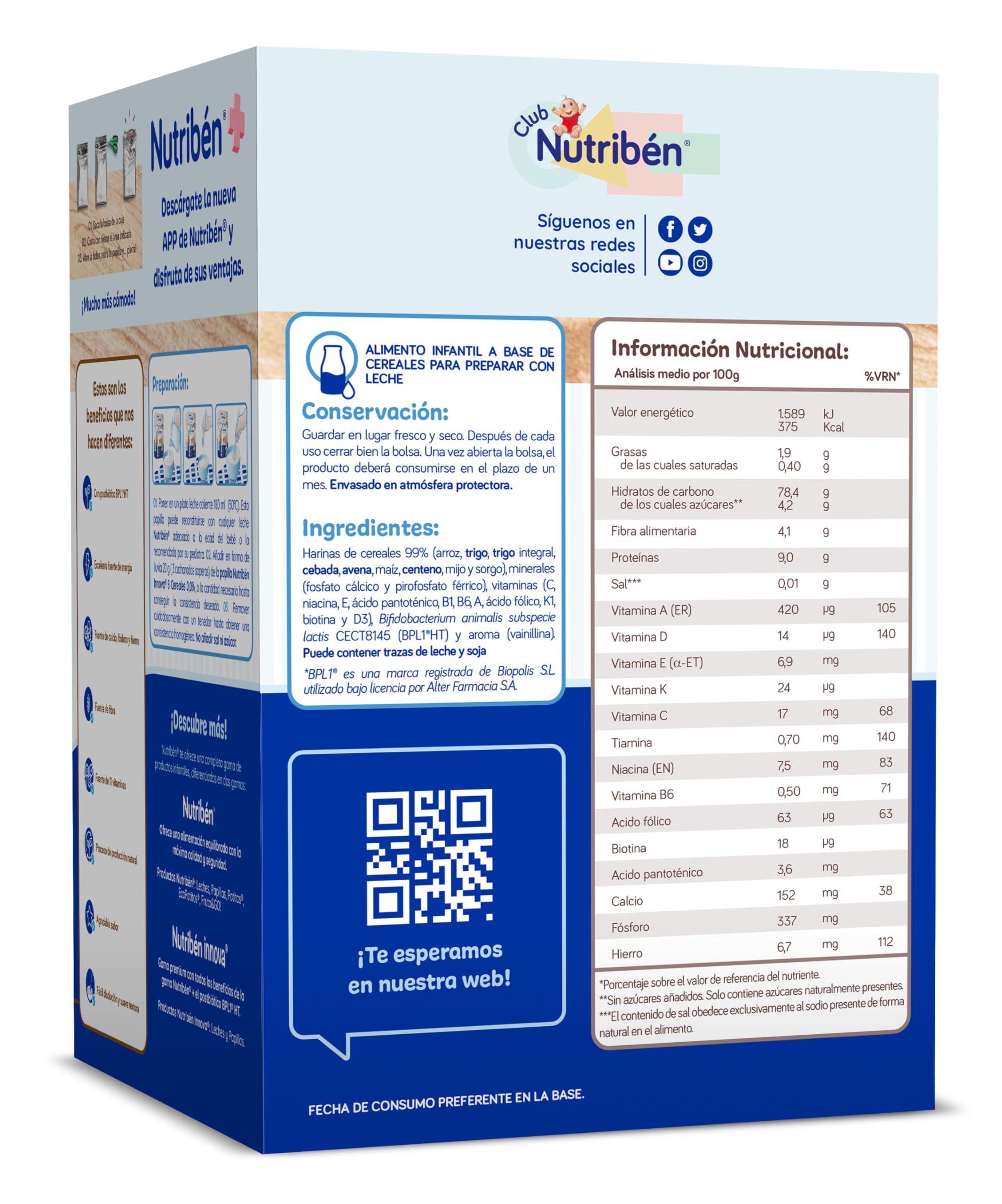 Nutribén innova ZERO 0% 8 Cereales | 500g | Arroz, Trigo, Cebada, Avena, Maiz, Centeno, Mijo y Sorgo | Bebés a Partir de 6 Meses | 0% Azúcares Añadidos y producidos | Cereales Integrales — view 2