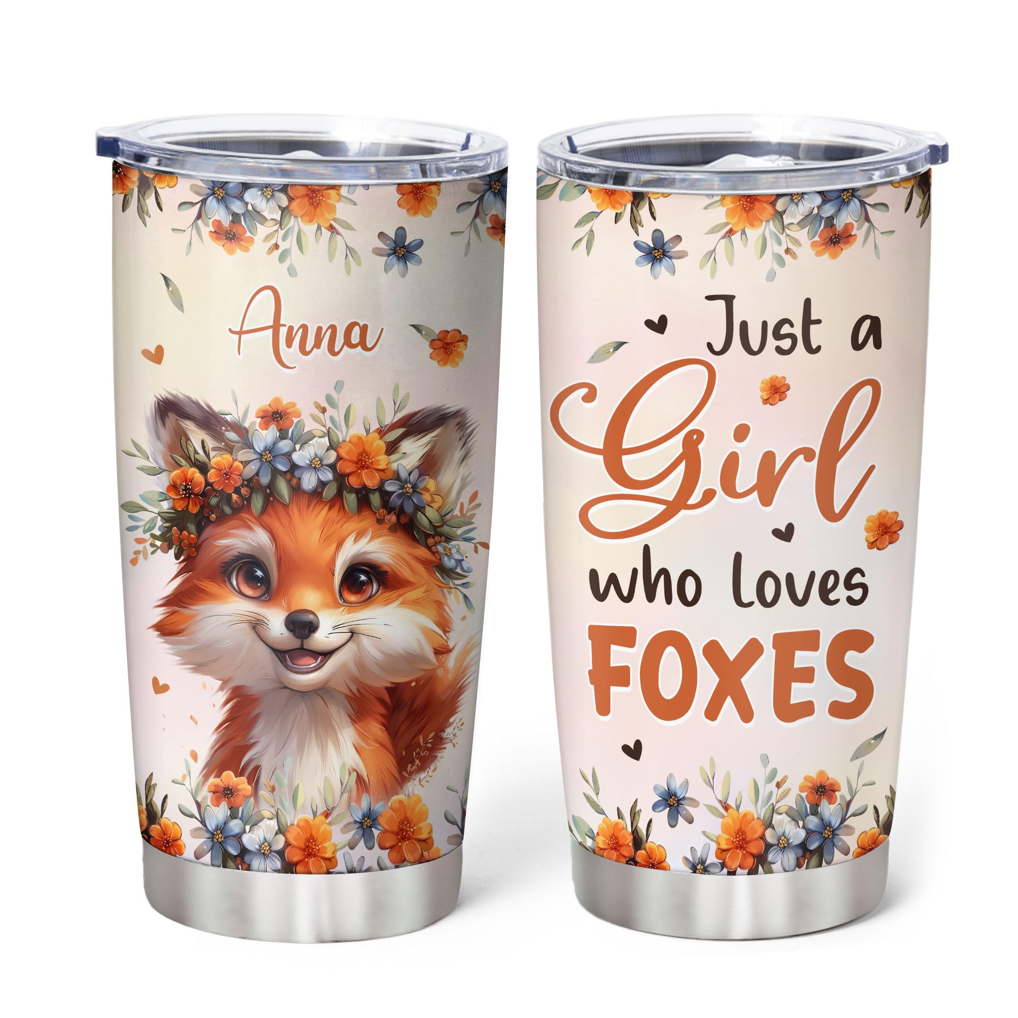 Personalized Cute Fox Tumbler - Just A Girl Who Loves Foxes - Gift For Women - Funny Animal Coffee Cup For Birthday Christmas - Custom Name 20oz Steel Cup