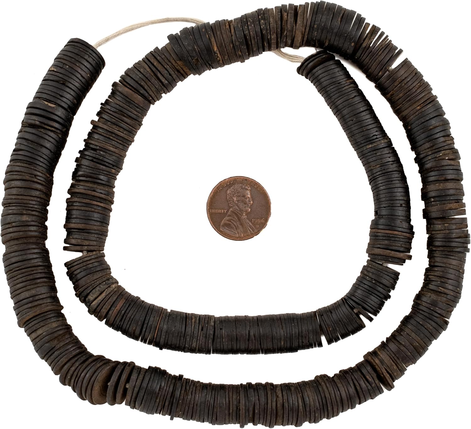 The Bead Chest Vintage Coconut Shell Heishi Beads 10-15mm Nigeria African Black Wood 26 Inch Strand Handmade