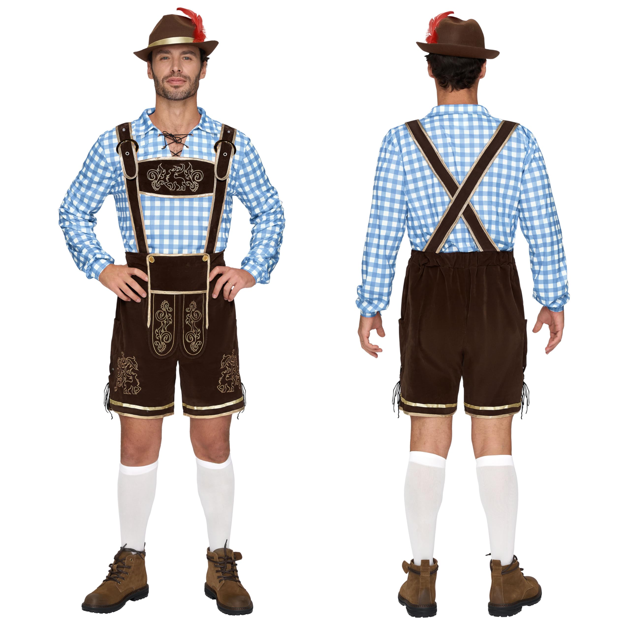 Spooktacular Creations Grün Blau Rot kariertes deutsches bayerisches Oktoberfest-Kostümset für Herren für Halloween-Verkleidungspartys und Bierfest
