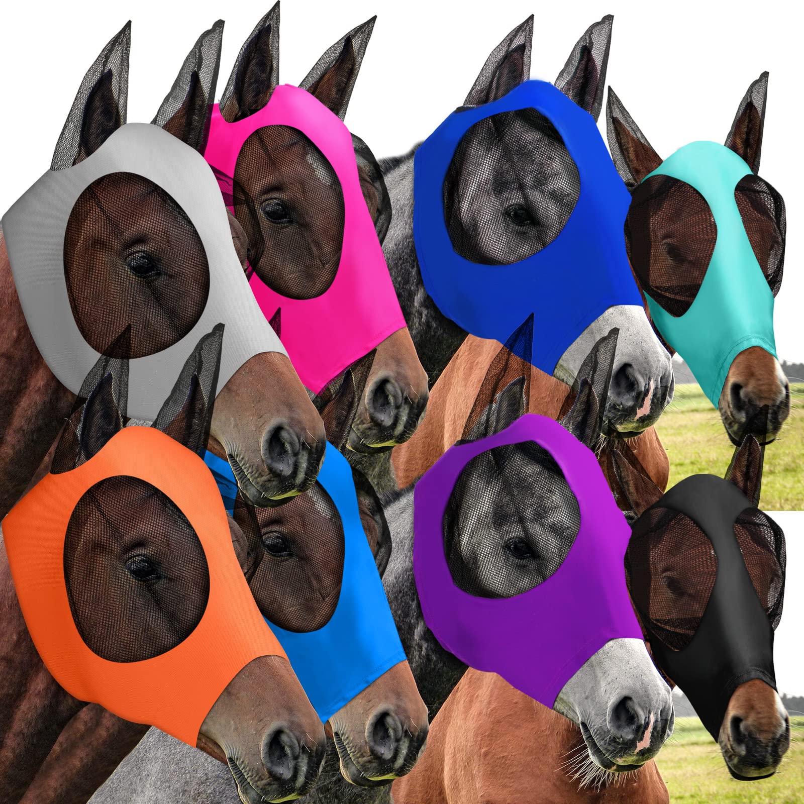 Qualirey 8 pezzi maschera per mosca cavallo confortevole maschera per cavallo con orecchie morbida elasticità antimosche protezione solare per cavallo (grande)