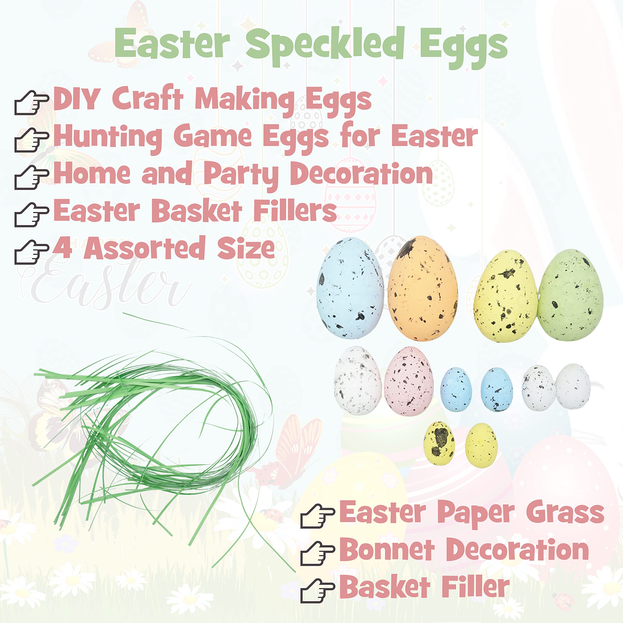 12x Easter Foam Eggs with Paper Grass Easter Eggs Graffiti Speckled Eggs Mini Bird Egg Decorative for Easter Tree Decorations Basket Filler Ornaments 4 Different Size - Image 4