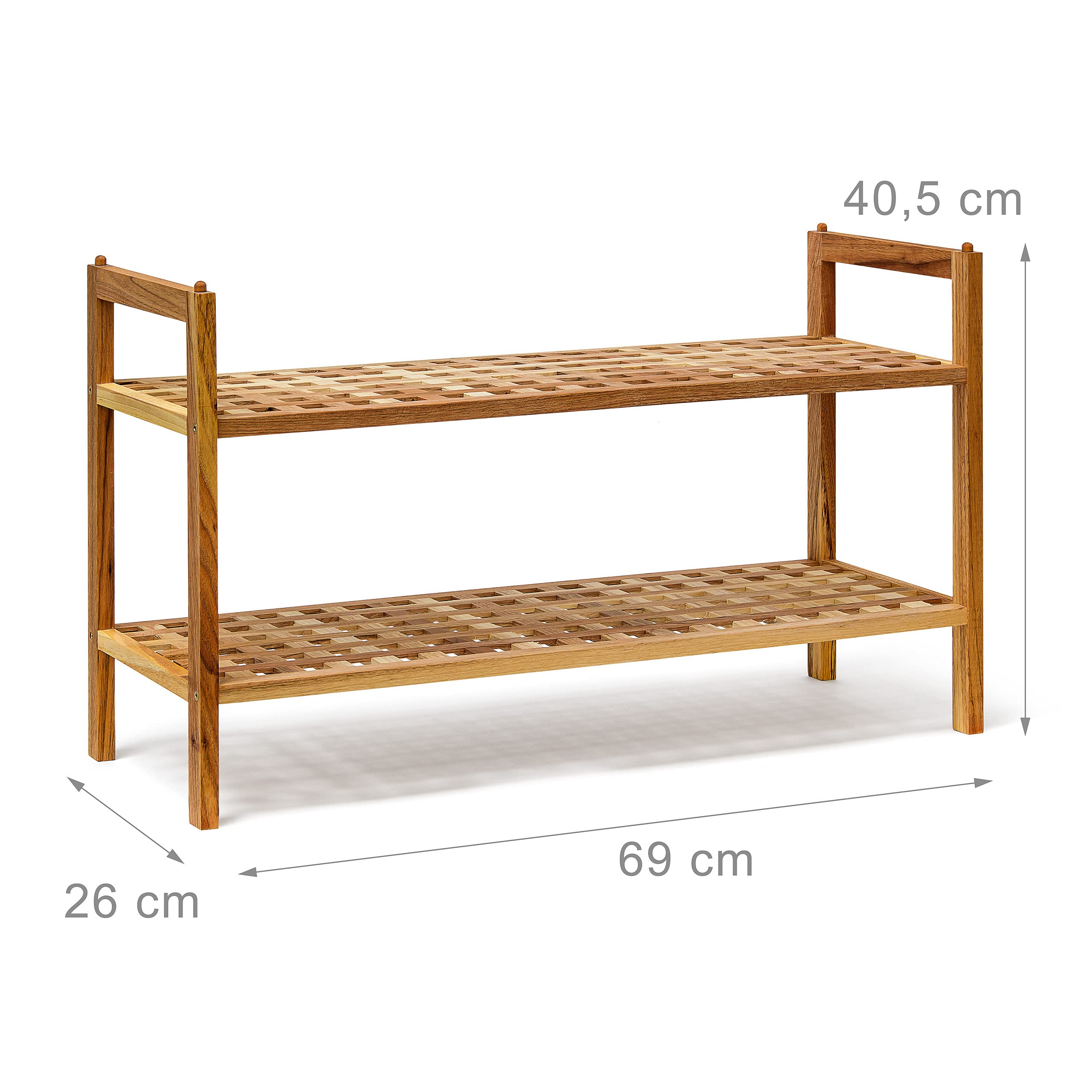 Relaxdays Schuhregal stapelbar, HxBxT:40,5x69x26cm, 2 Ablagen für 6 Paar, Holz, Schrank aus Nuss, Natur braun