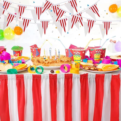 Miniatura 5 de Tegeme Paquete de 15 faldas de mesa de carnaval a rayas rojas y blancas, 165 x 30 pulgadas, manteles desechables de carnaval con banderines a rayas