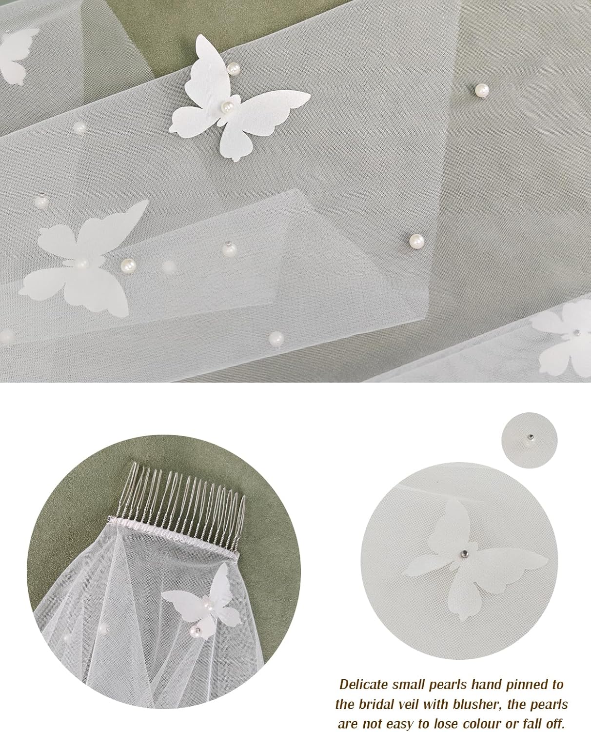 BEAUTELICATE Blusher Veil Cathedral Wedding Veil 2 Tiers Pearl Veil Butterfly with Comb