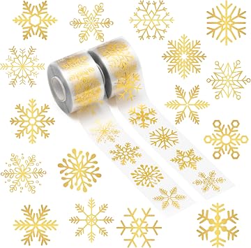 Winter Gold Snowflake Roll Stickers- 1000Pcs in 2Rolls Stickers with 16 Clear Foil Snowflake Waterproof Round Self-Adhesive Decals Gifts for Kids Reward Winter Party Favors Water Bottle Luggage