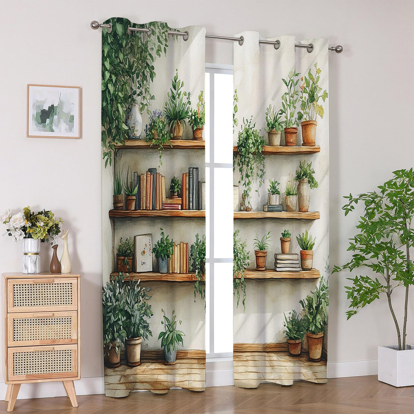 Vorhänge Blätter Blumen Muster Einfaches Pflanzenmuster Vorhänge mit Ösen für Wohnzimmer Botanisch Ösenvorhang für Bauernhaus Schlafzimmer 2er Set-H240 x B140 cm (2er Pack)