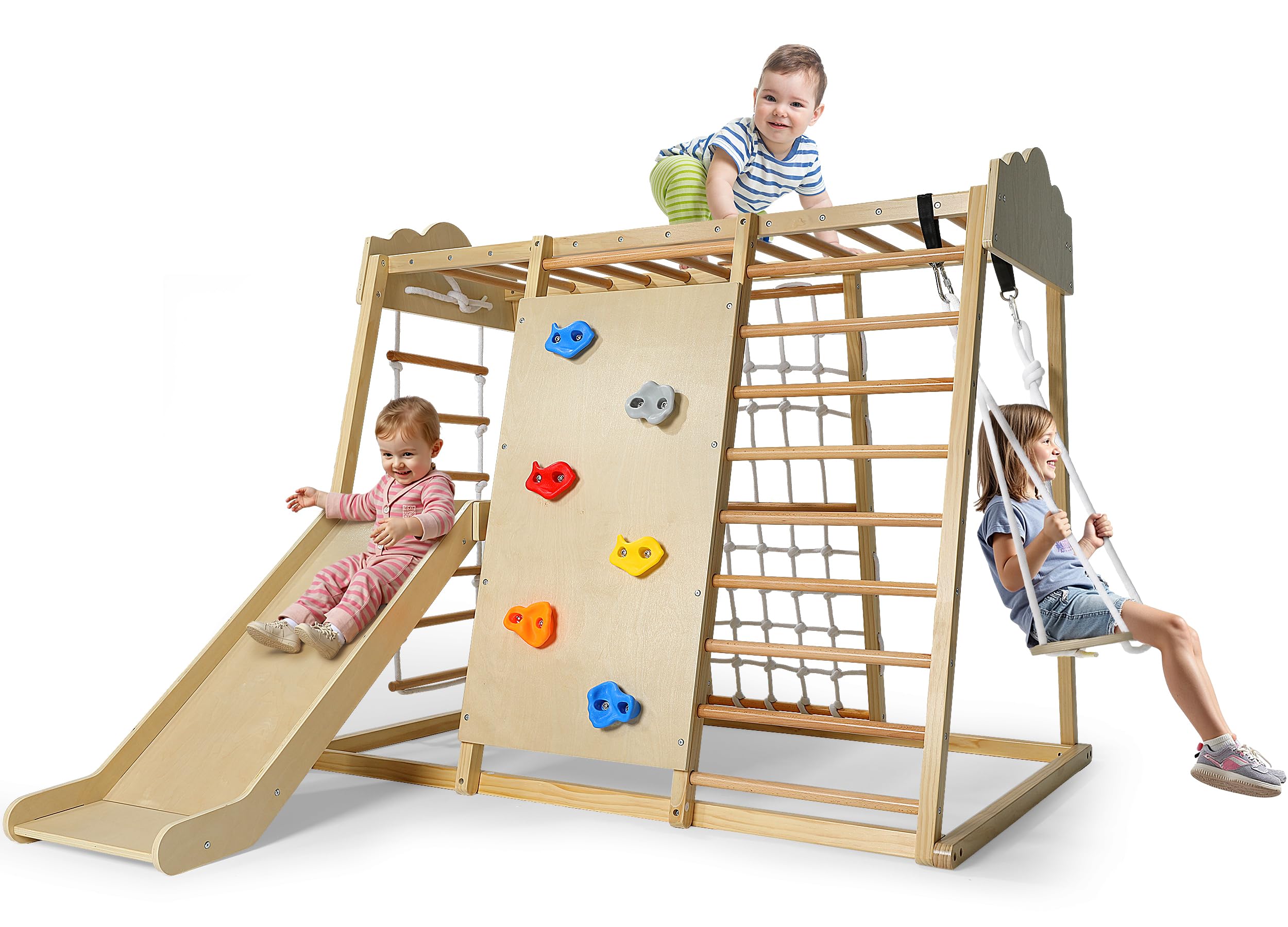 Uiirvdy Indoor Playground 8-in-1 Wooden Jungle Gym Large Kids Play Gym Climbing Toys with Swing, Slide with Preperation Zone, Monkey Bars, Climbing Rocks, Rope Wall, Ladders