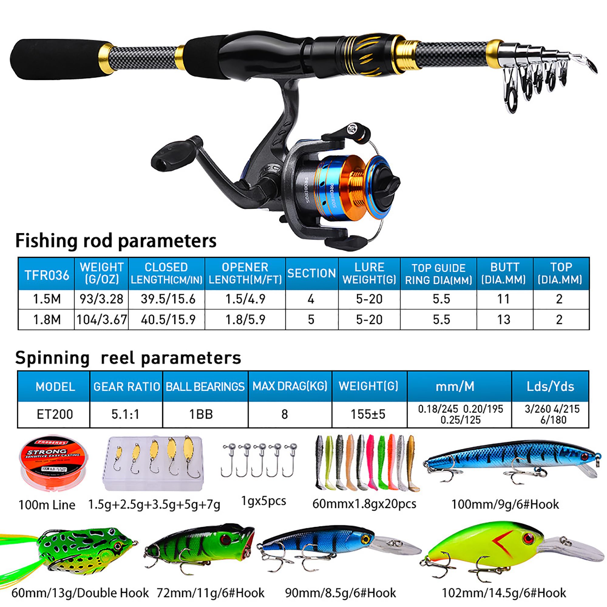 clhjinruoliu 1.5M,Sea Rod Set, Portable Carbon Fiber Fishing Rod 5.2:1 Gear Ratio Spinning Reel Line Lures Hooks Bag Combo, Sea Saltwater Freshwater Fishing Tackle Set