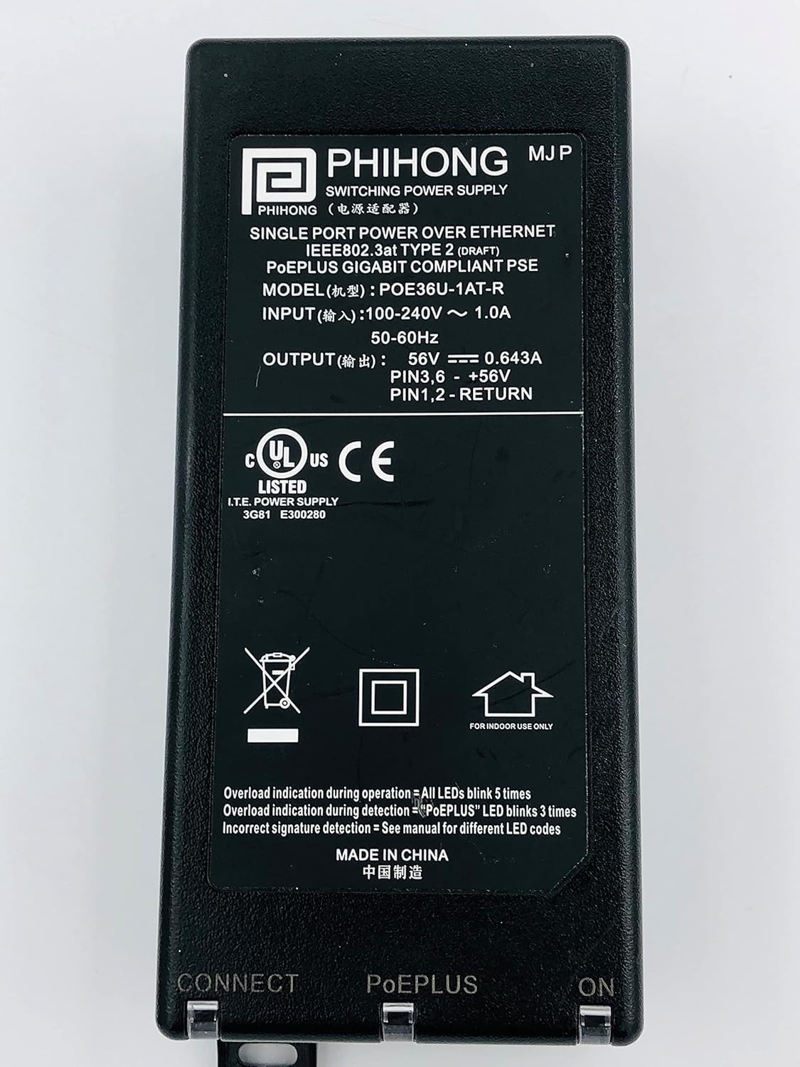 Power Over Ethernet Injector- PoE 33.6W 56V 0.6A, 802.3at Compliant, DC Output: RJ45 Connector, Input: 90-264 VAC, POE36U-1AT-R
