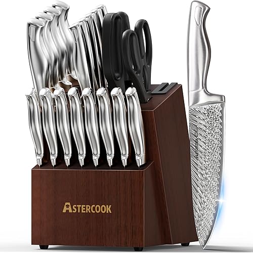 Knife Set, Astercook 21 Pieces Kitchen Knife Set with Built-in Sharpener, German Stainless Steel Knife Block Set, Razor-Sharp Knives with Full-tang Handle, Dishwasher Safe, Silver