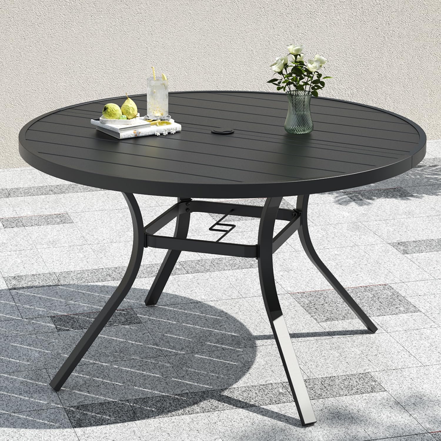 Anmutig 4-6 Person 48" Patio Round Table with Adjustable Umbrella Hole for Outdoor 4ft Black Metal Dining Table, All Weather
