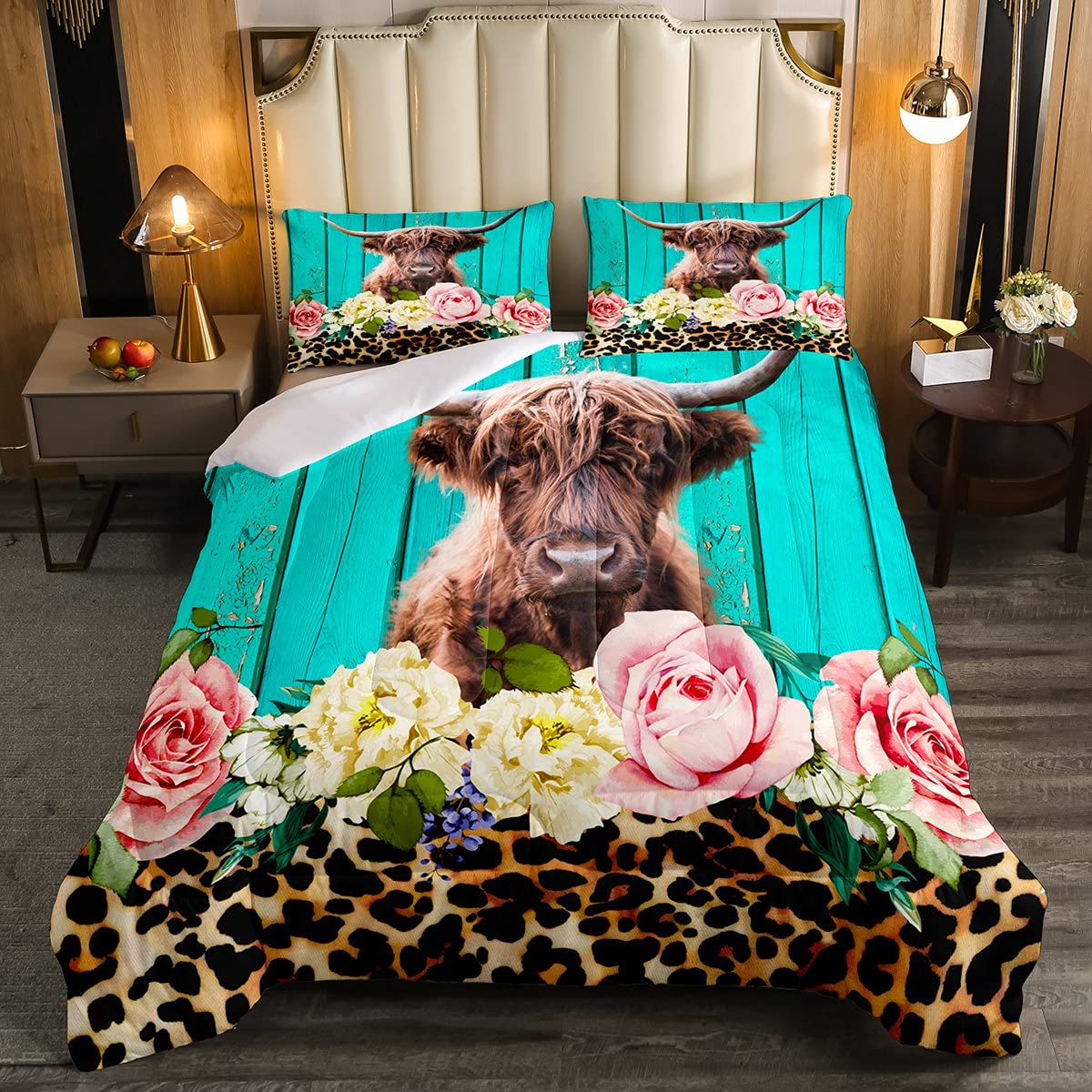 Feelyou Highland Cow Bedding Set Leopard Floral Comforter Set for Kids Boys Girls Brown Safari Cheetah Animal Skin Comforter Teal Blue Wooden Decor