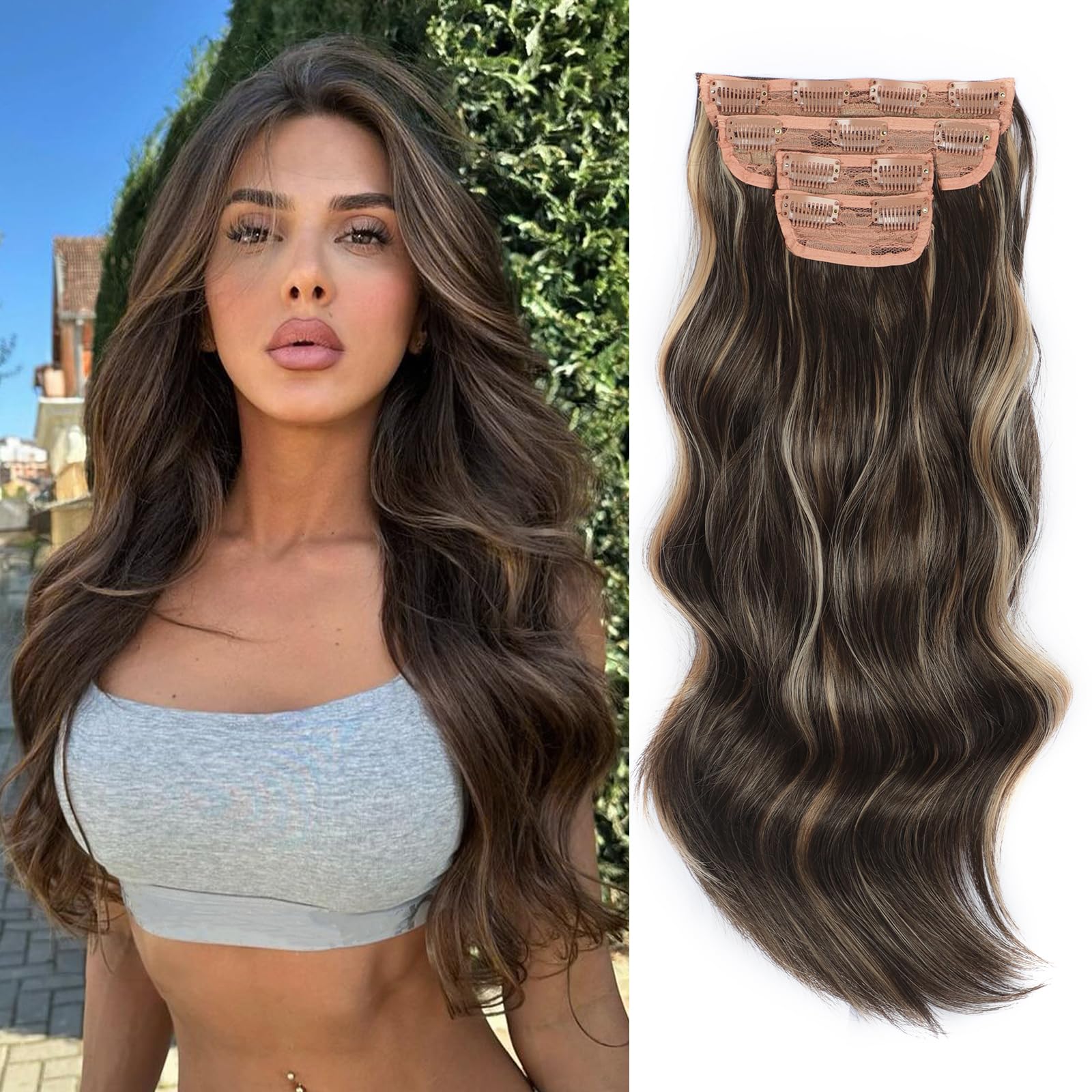Photo 1 of Vigorous Clip in Hair Extensions 20Inch Brown & Blonde Highlights Hair Extension Clip Ins 4Pcs Long Wavy Soft Synthetic Hairpieces for Women Girls Daily Use Event Party Use