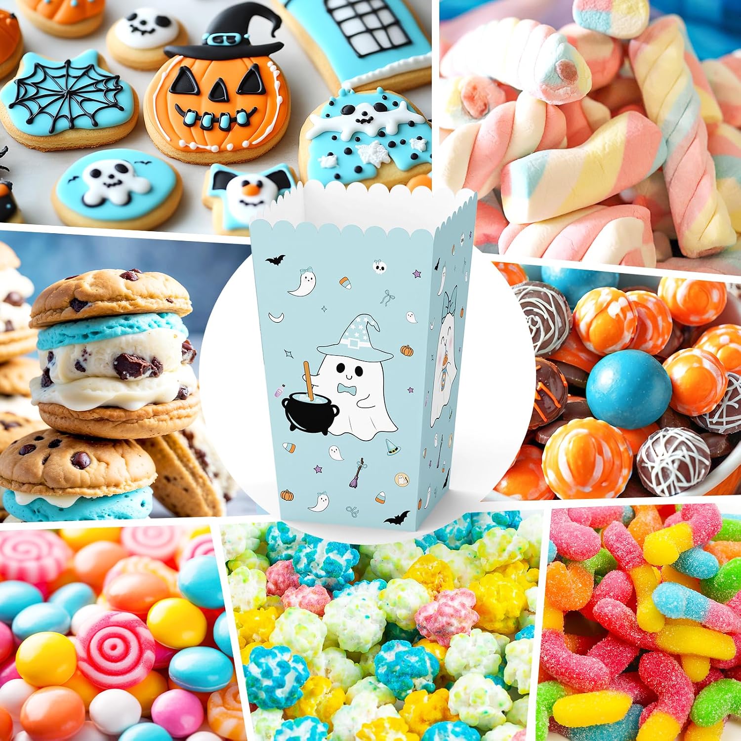 K KUMEED 24 PCS Halloween Popcorn Favor Boxes, Cute Ghost Popcorn Bowls, Blue