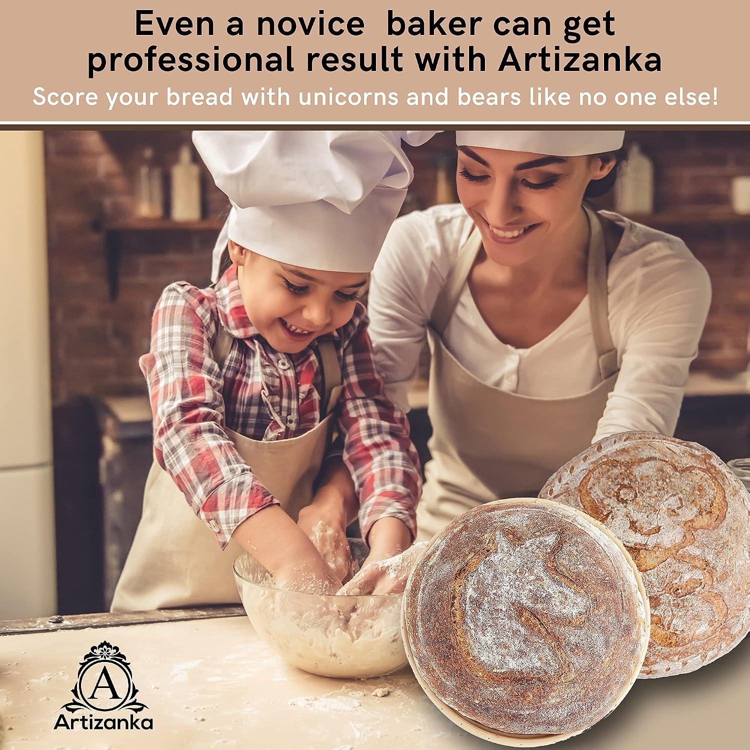 Removable Patterns for Proofing Basket - Unique Wooden Bear & Unicorn Round Banneton Bottom Inserts - Tools for Decorating Bread - Includes Cotton Bag & Instruction Manual (Patterns Only)