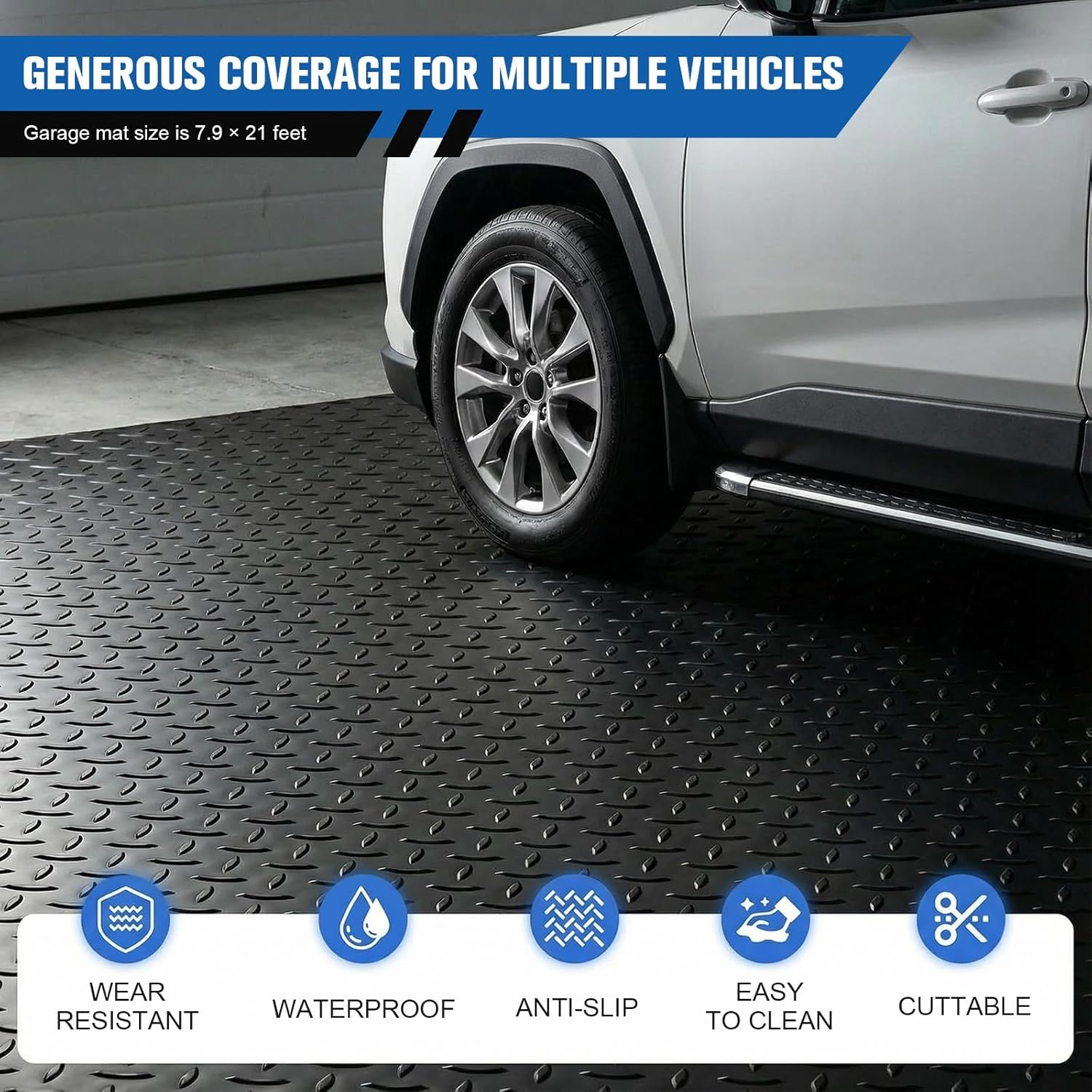 7.9x21/32.8 FT Garage Floor Mat 2.5mm Garage Shop Parking Mat Plate PVC for Truck Trailer SUVs Van Golf Cart Motorcycle (Black 2.4 * 6.5m)