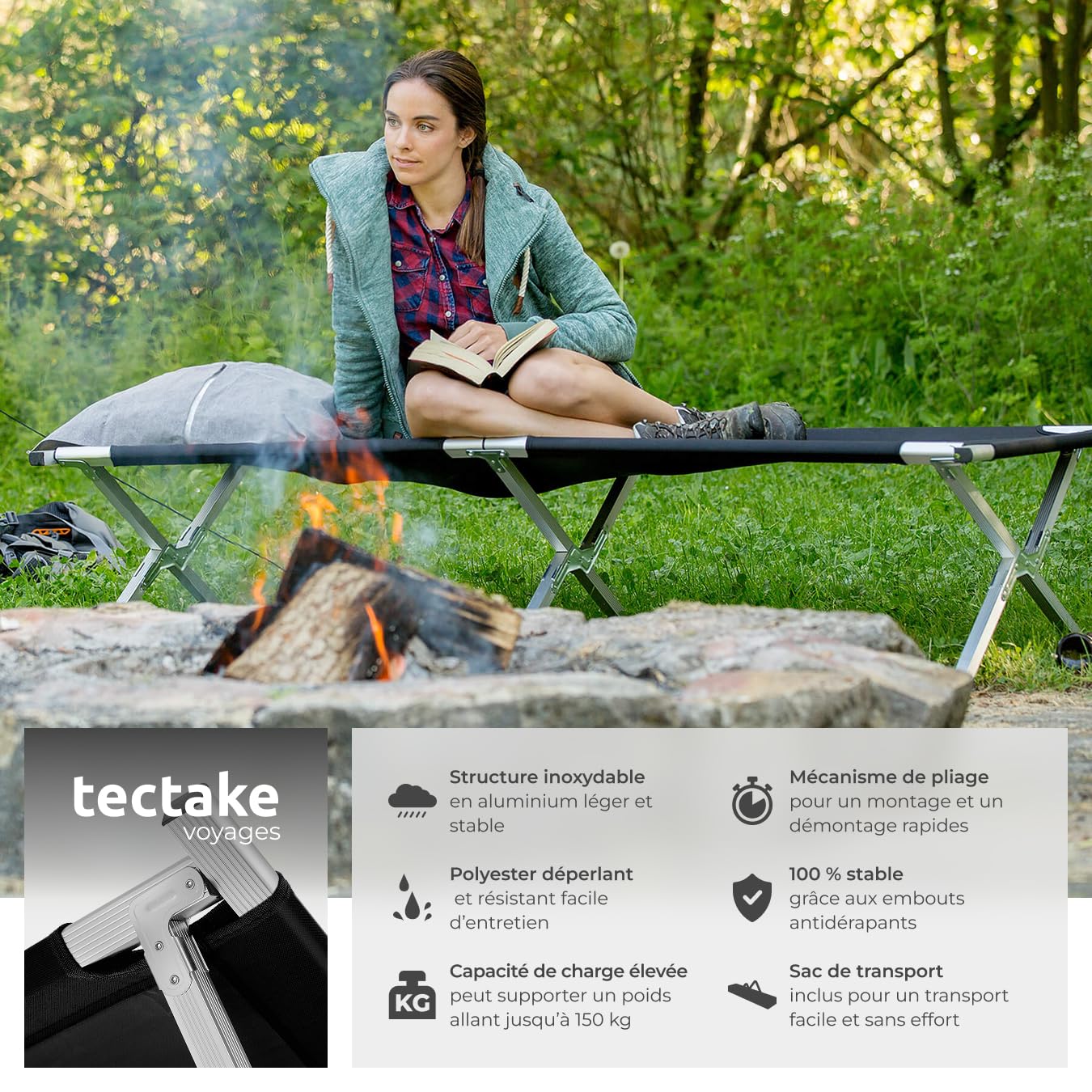 tectake® Lit de Camp Pliable avec Housse de Transport - Lit appoint Matelas 1 Place Enfant Adulte Voyage Bivouac Plage Tente Exterieur Jardin Peche - 190 x 70 cm - Charge Max 150 kg - Noir - Lot de 2