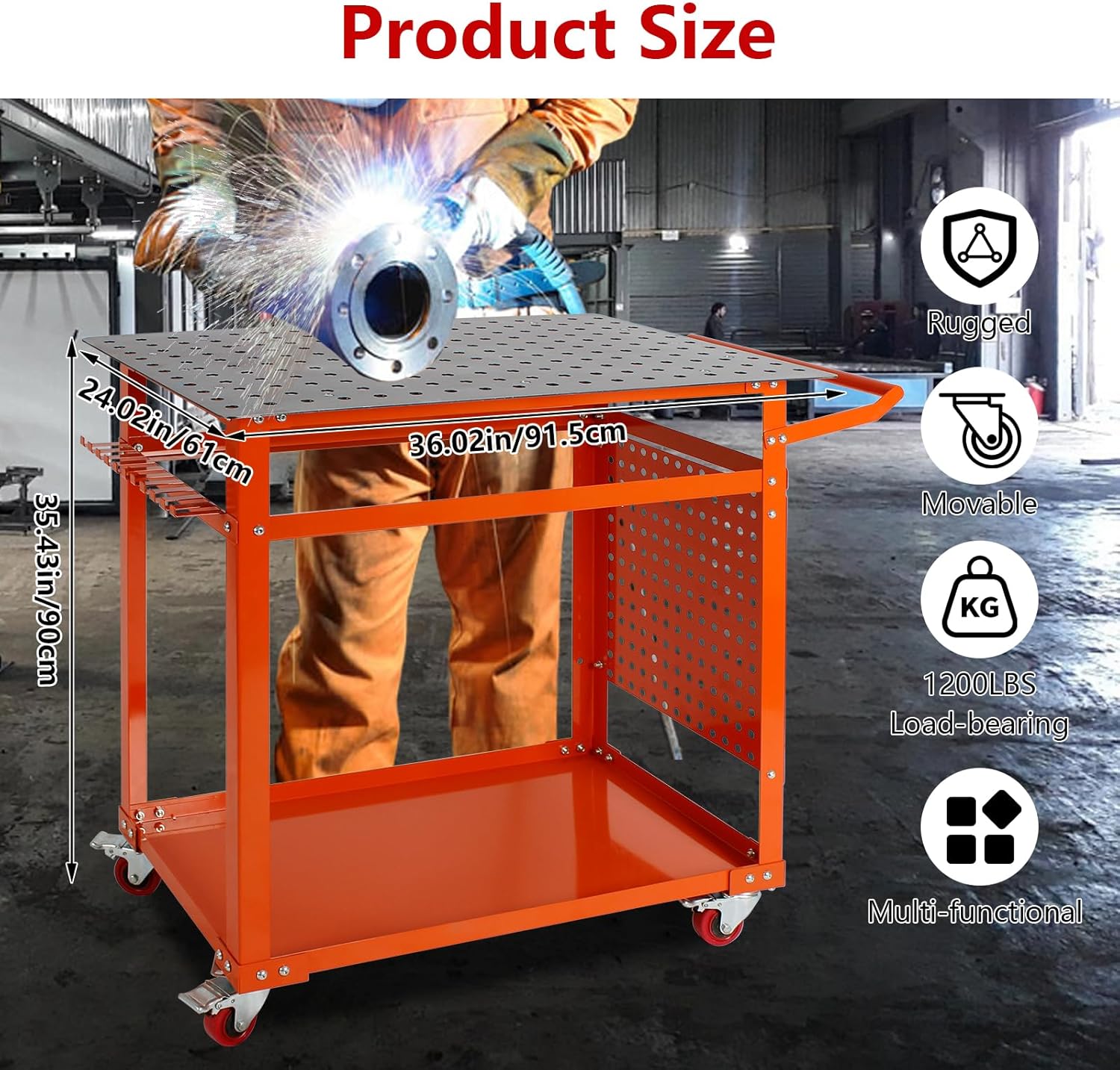 Welding Table Welding Cart 32''×24'',1200lbs Load Capacity Industrial Workbench with 5/8'' Holes Fixture Table with Wheels