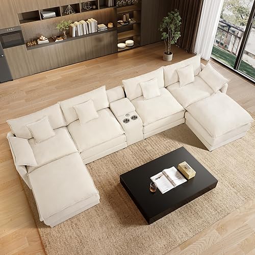 145" U Shaped Cloud Couch Sectionals Comfy White Sectional Couches for Living Room Modern Fluffy Oversized Modular Sofas, Chenille Large Big 6 Seat Sofa Set USB Port Central Console Ottoman