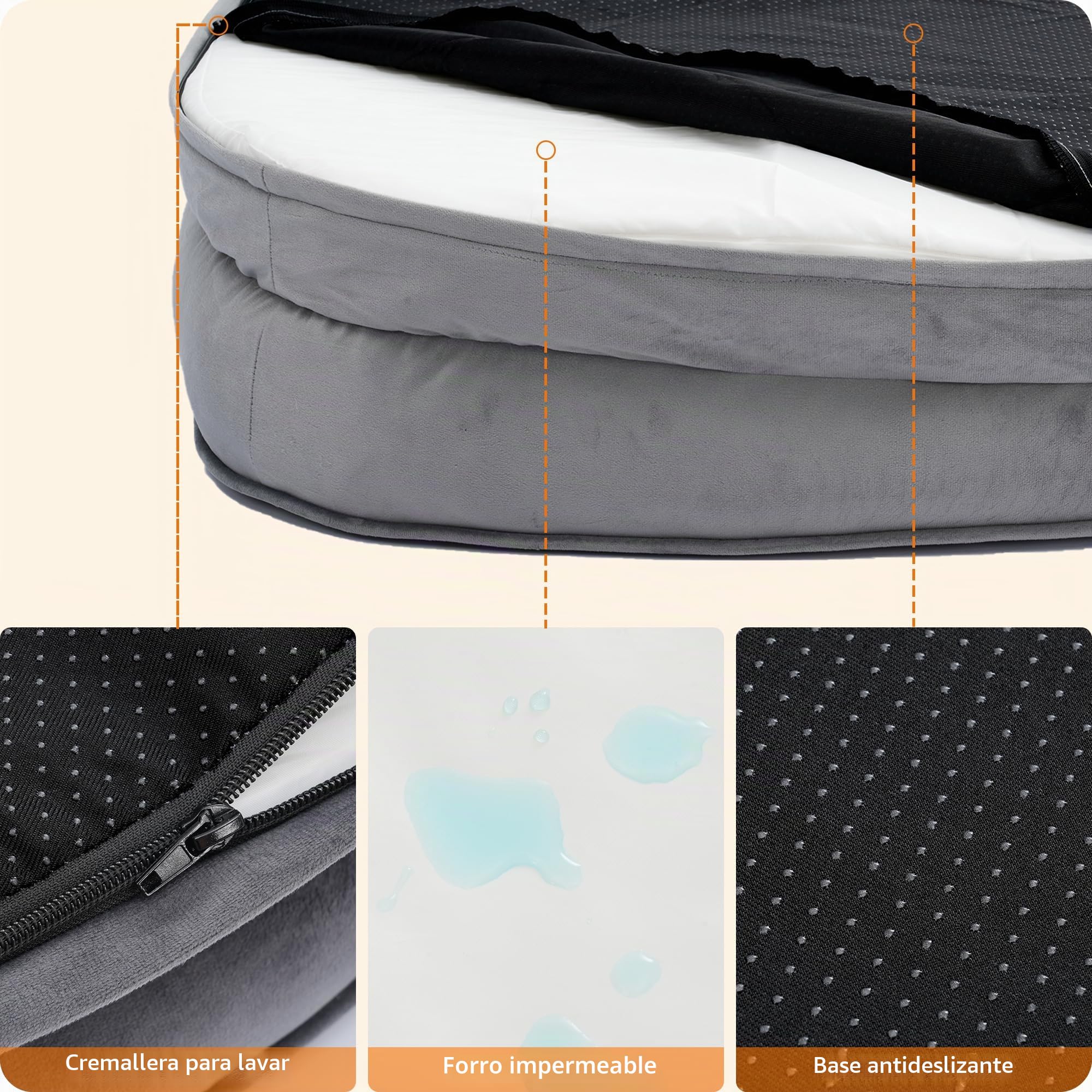 HMTOPE Cama ortopédica para perros, sofá para perros, cojín cervical de cuatro lados, base antideslizante, cesta para perros, extraíble y lavable, perros medianos y grandes, 106 x 79 x 17 cm, gris