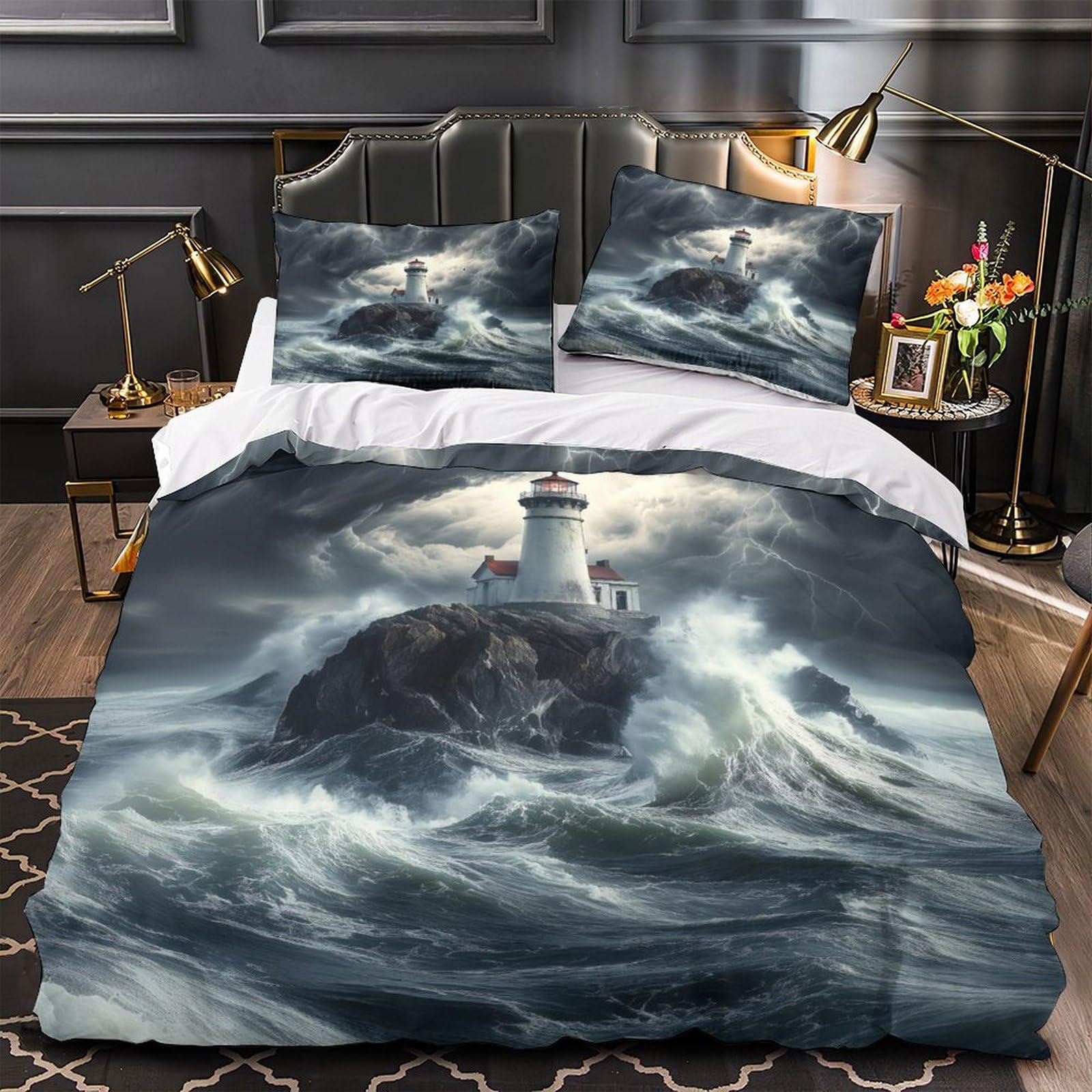 MMDASBVPE Stormy Lighthouse Duvet Cover 3D Design Printed Anti-allergic 3 Pieces Bedding Set Zipper Quilt Cover Hotel Quality Washable for Adults Kids Women Teens Youth Girls Double（200x200cm）