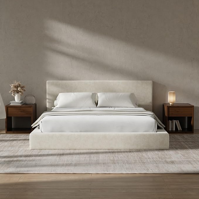 RECCI AirFrame King Size Bed Frame with Headboard, Cloud Upholstered Platform Bed Frame, 5 Inch Foam Cushioned, No Box Spring, Easy Assembly(Beige Chenille)