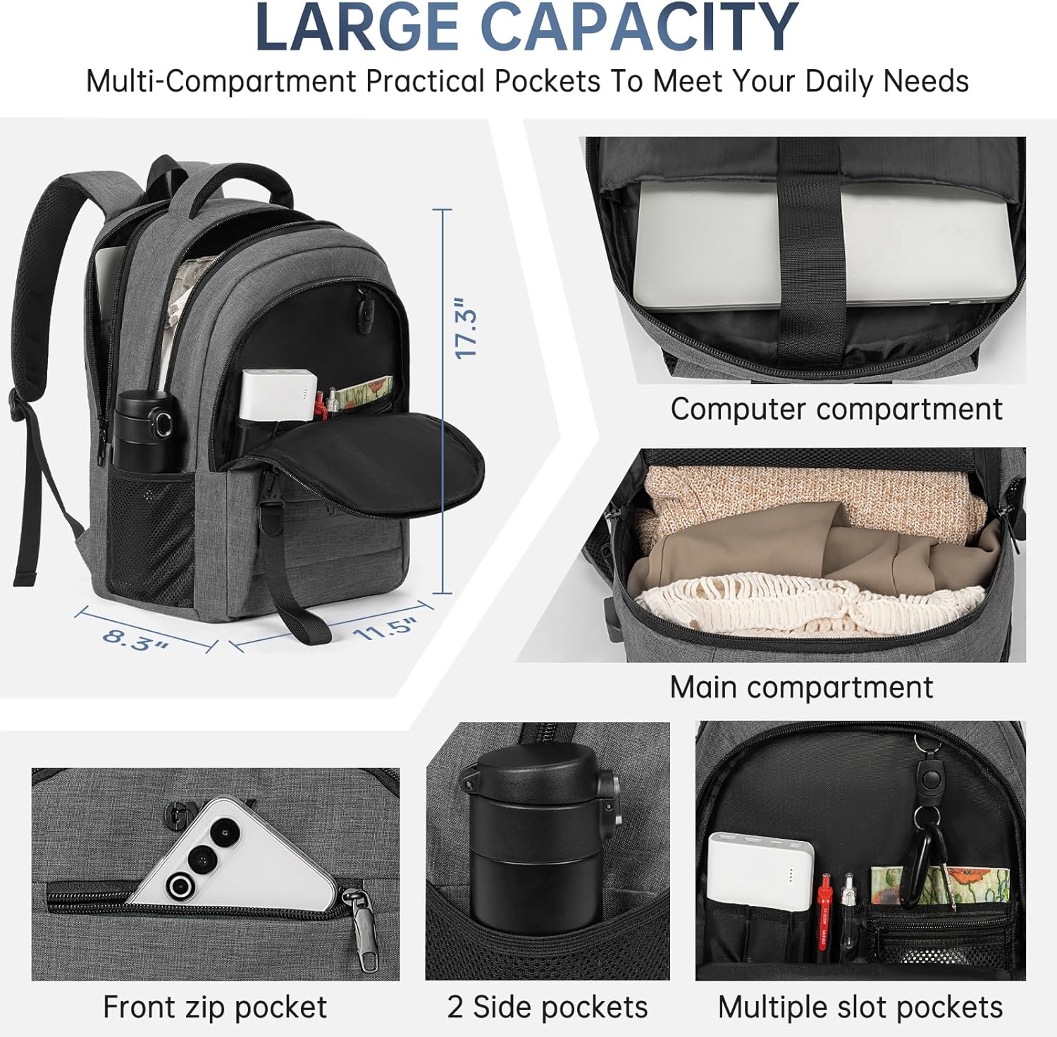 GMAK Travel Laptop Backpack for Men & Women, Business Anti Theft Laptops Backpacks with USB Charging Port, Fits 15.6 Inch Notebook, Water Resistant College School Computer Bag for Travel Sports, Grey - Image 2