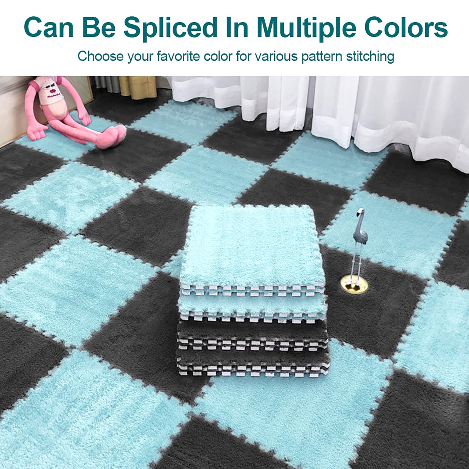 12 Piezas Alfombra Puzzle, Alfombra de Espuma Interconectable 30 cm x 30 cm x 1,25 cm, Mullidas Alfombras de Peluche Modular para Sala de Estar, Dormitorio, Jugar (Azul Cielo)