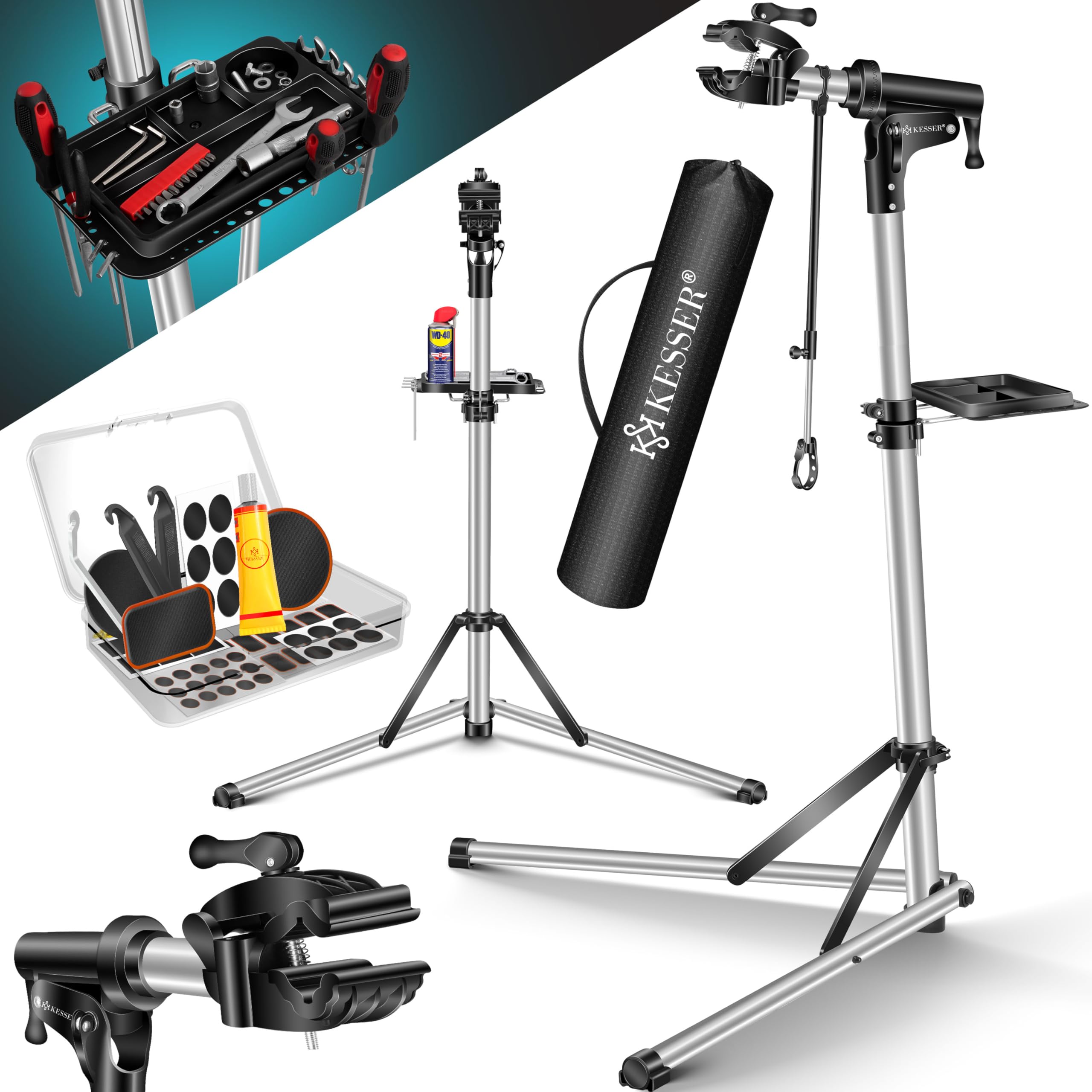 KESSER® Fahrradmontageständer Profi Alu Reparaturständer für Fahrräder Mountainbikes E-Bikes Schwerlast-Montageständer Fahrradständer 360° drehbar + Tasche, Flickzeug Set & magnetische Werkzeugablage