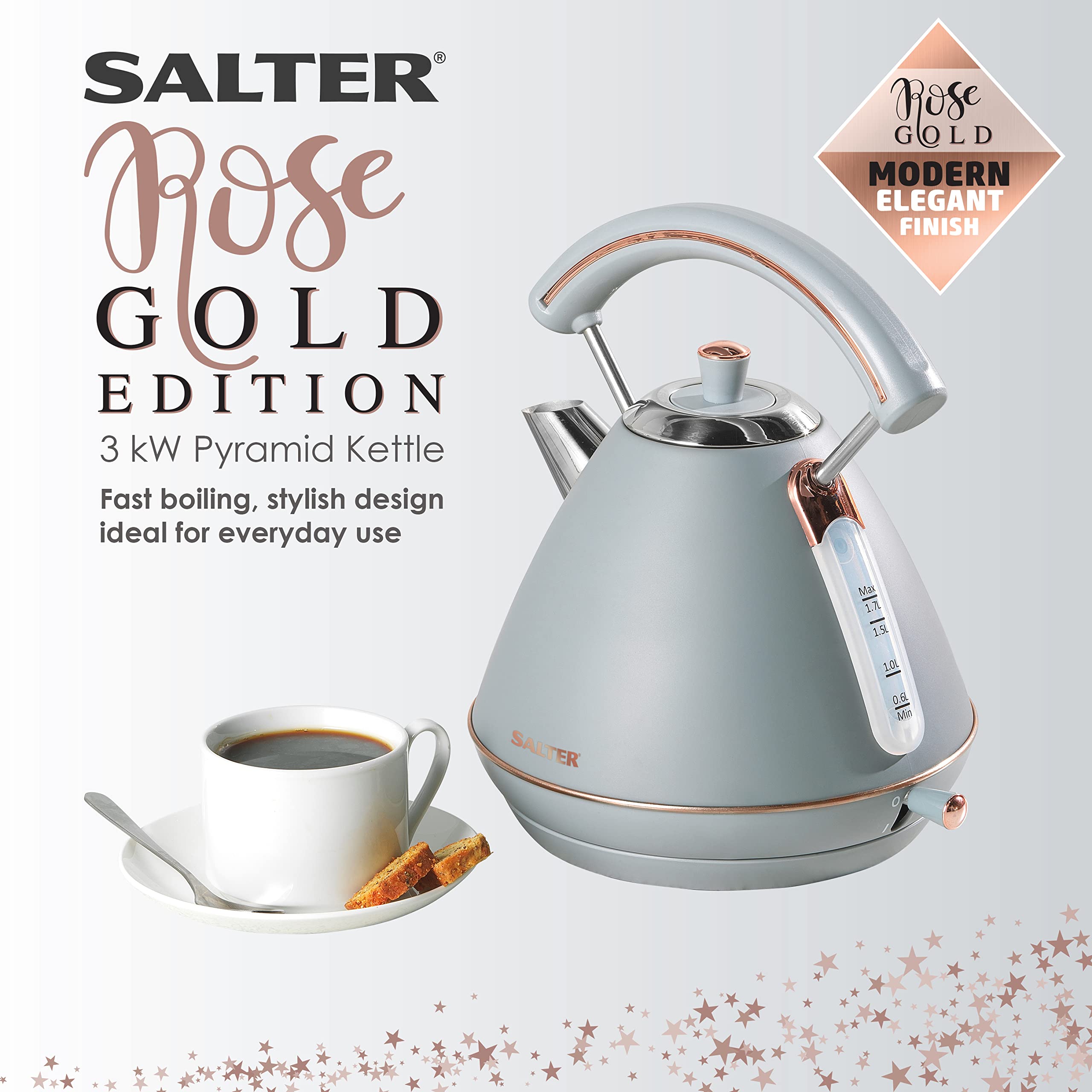 Salter EK3643GRG Pyramid Kettle. 1.7 Litre, 3000W, Grey/Rose Gold