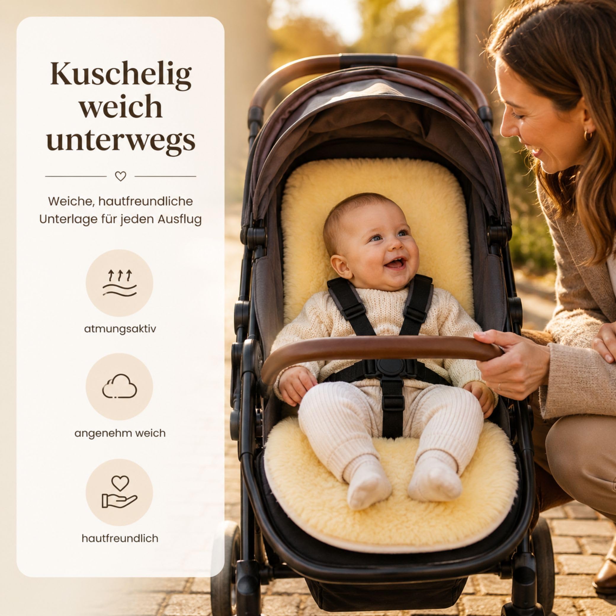 Hofbrucker Lammfell Kinderwagen Sitzauflage - Atmungsaktive Sitzauflage für Buggy Kinderwagen, Gurtschlitze, Waschbar bei 30°C, Sitzverkleinerer Inkl. Baumwoll-Windel
