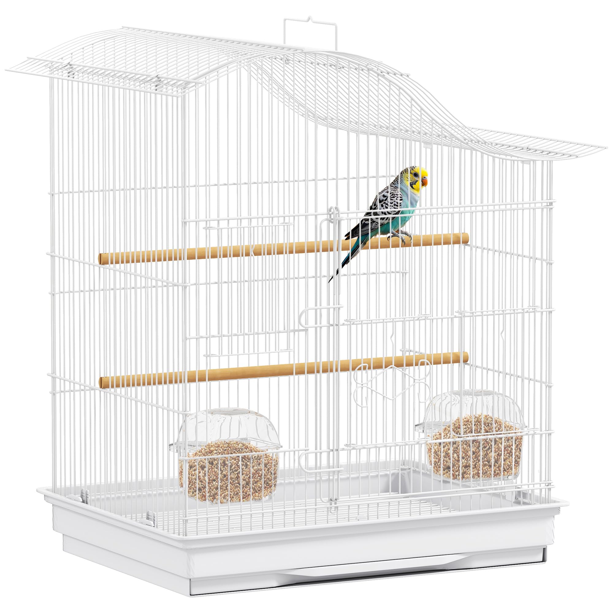 PawHut Gabbietta per Uccelli a 4 Ingressi con 2 Ciotole, 2 Posatoi e Vassoio Estraibile, Voliera in Metallo e Plastica, 47.5x36x54.5 cm, Bianco