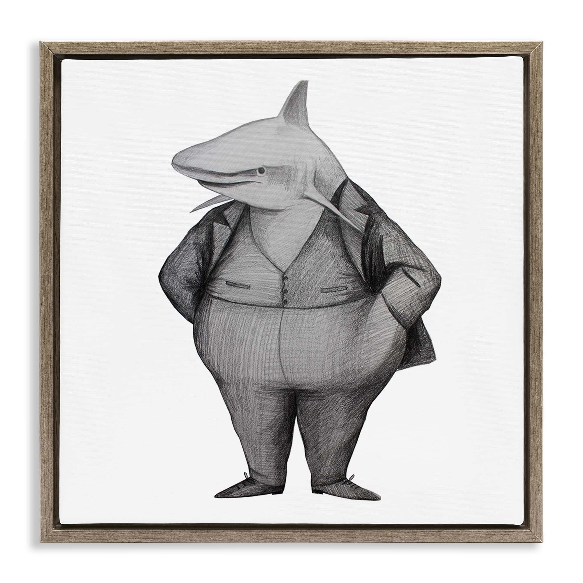 Stupell Industries 'Shark In Suit Drawing', Floating Frame Canvas Art, Brown, 18 x 18 Inches, Easy to Hang and Sturdy, Made in USA, by Violeta Vollmer