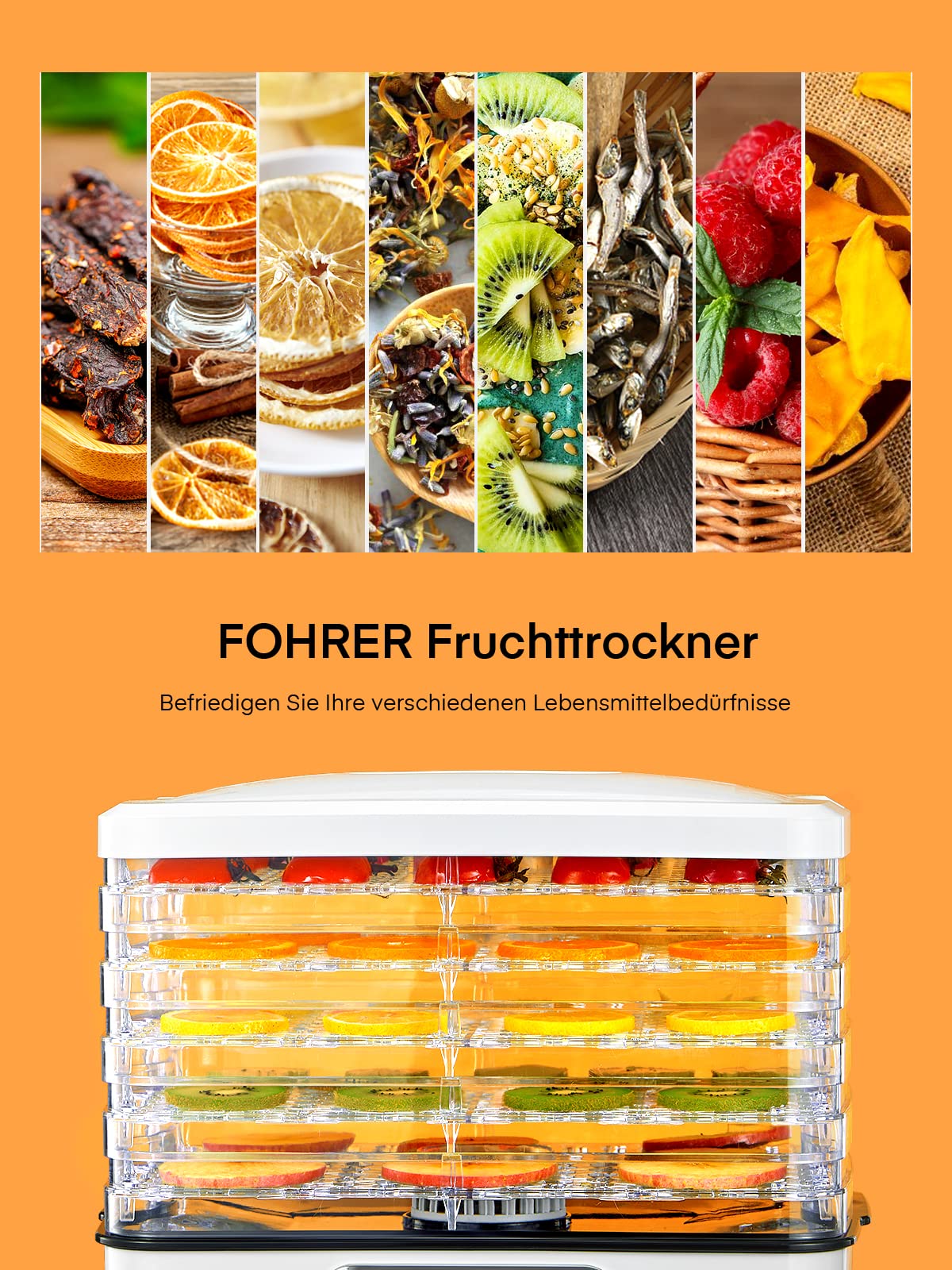 FOHERE Dörrautomat, Dörrautomaten(35-70°C) Temperatur Einstellbar, Dörrgerät für Lebensmittel Fleisch Früchte Gemüse mit 5 Einlegefächer, 360° Umwälztrocknung, für Fleisch,Obst,Haustier-Leckereiene