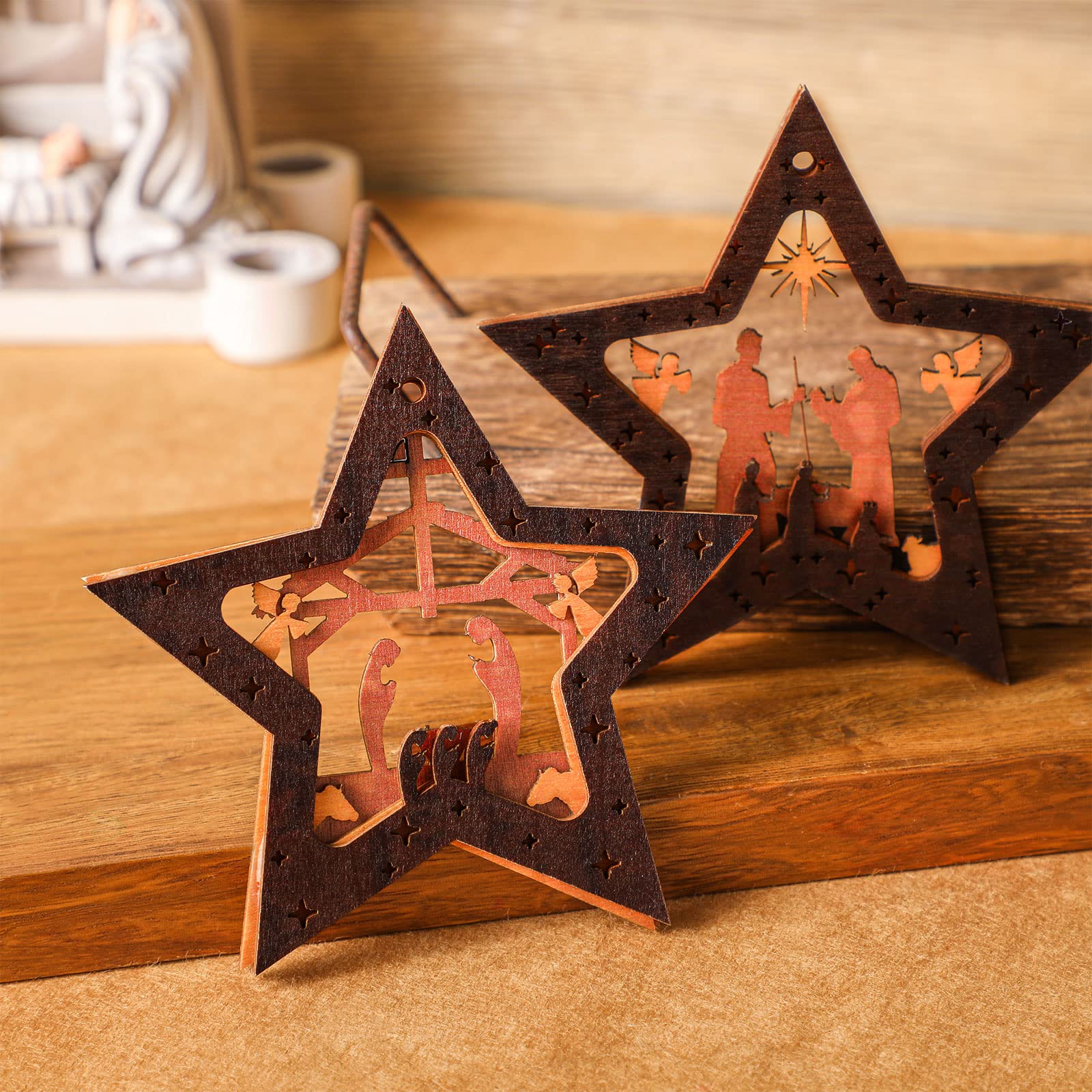 Soaoo Weihnachtskrippen Ornamente – 4-teiliges Set Aus Holz, Geschnitzt & Ausgehöhlt, Mit Hanfseil Zum Aufhängen Am Baum